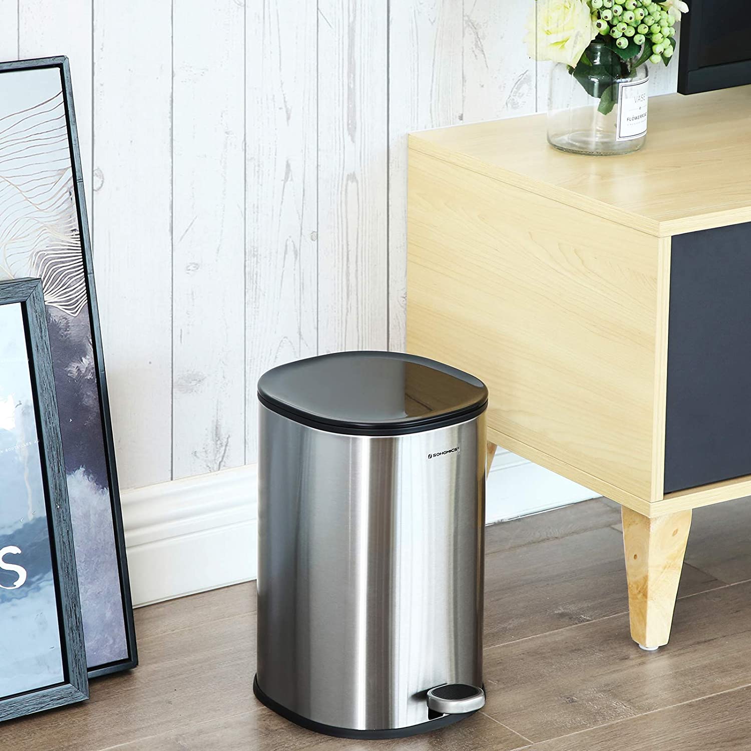 Step-Open Trash Can - Steel - Grey - 5L Capacity with Inner Bucket and Soft Closure