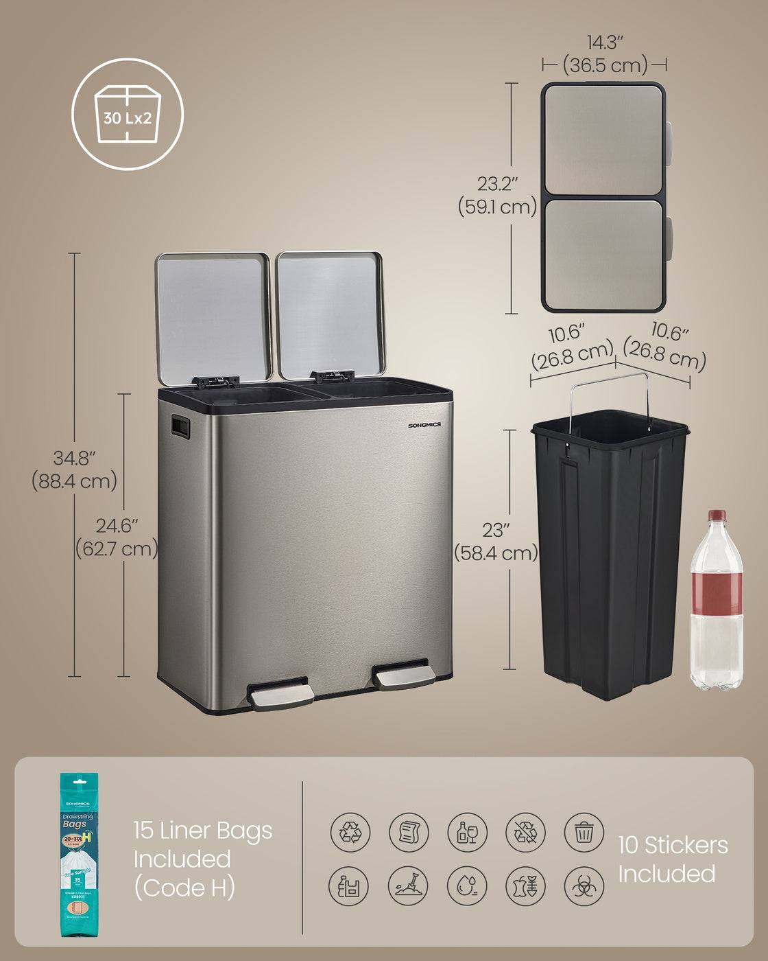 Recycling Bin - With Multiple Compartments - 59.1 x 36.5 x 62.7 cm