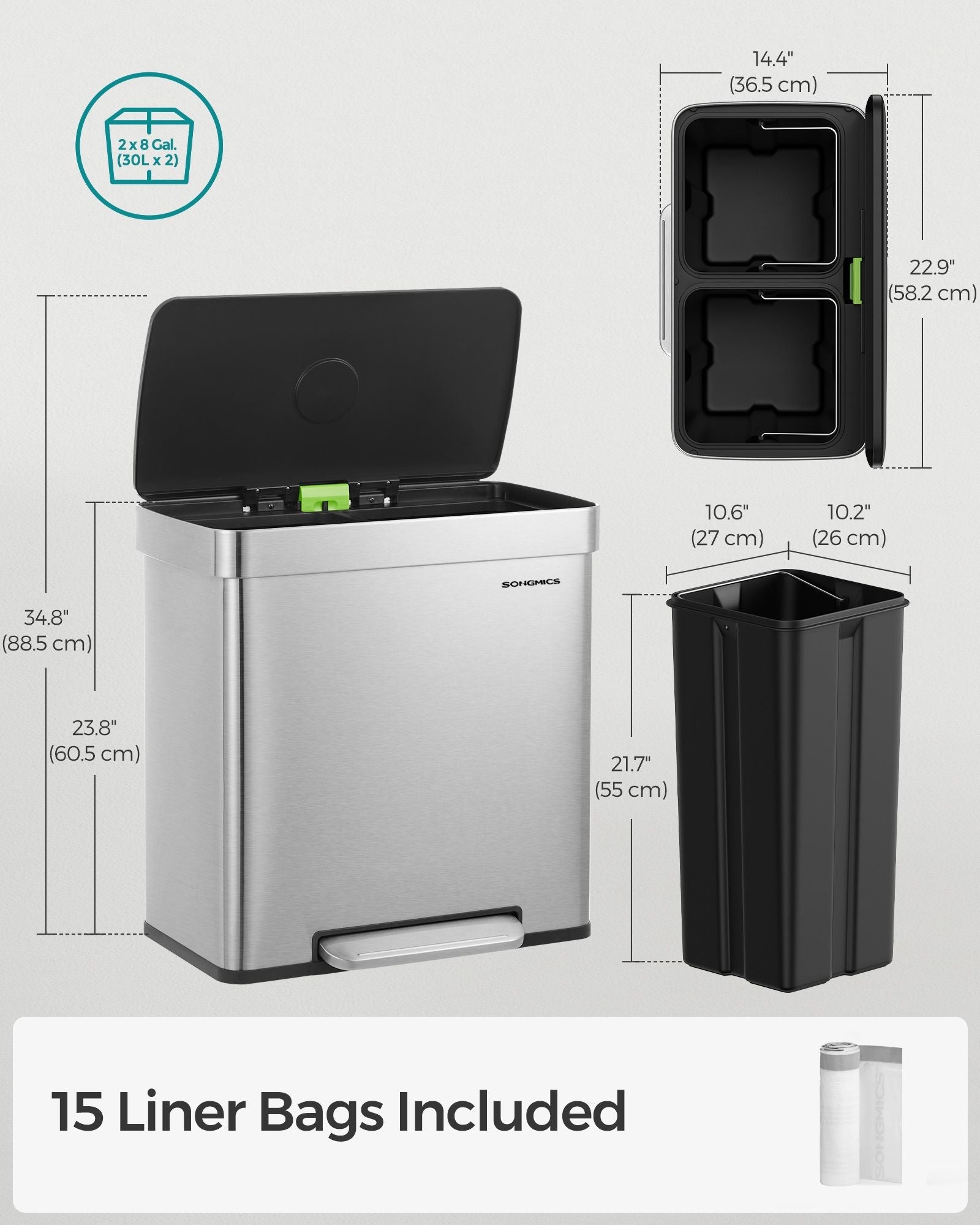 Stainless Steel Pedal Rubbish Bin Set - 30L - Silver - Soft Closure with Trash Bags