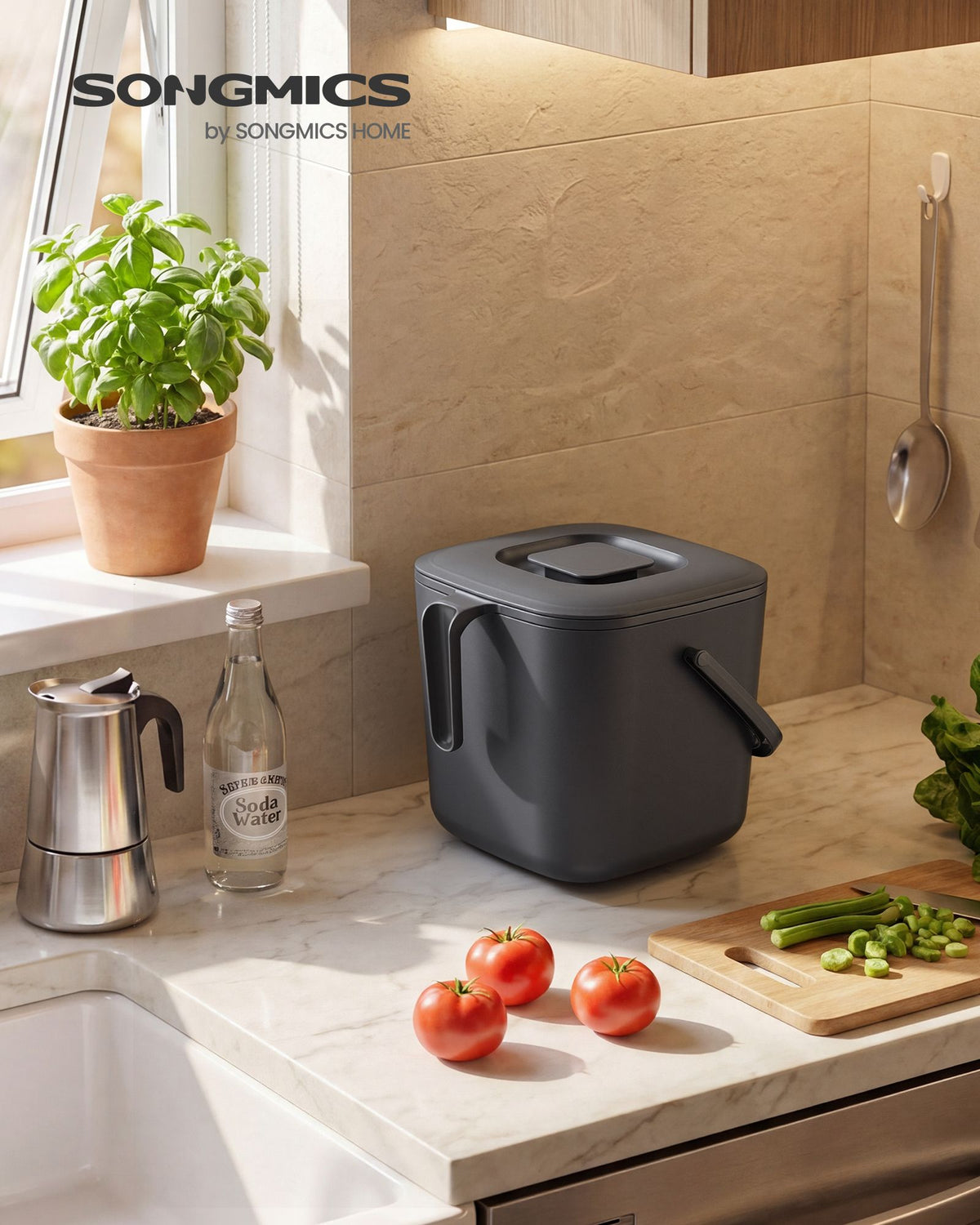 Compost Caddy - Odour-Proof with Lid and Strainer Basket - 24 x 20 x 19.5 cm