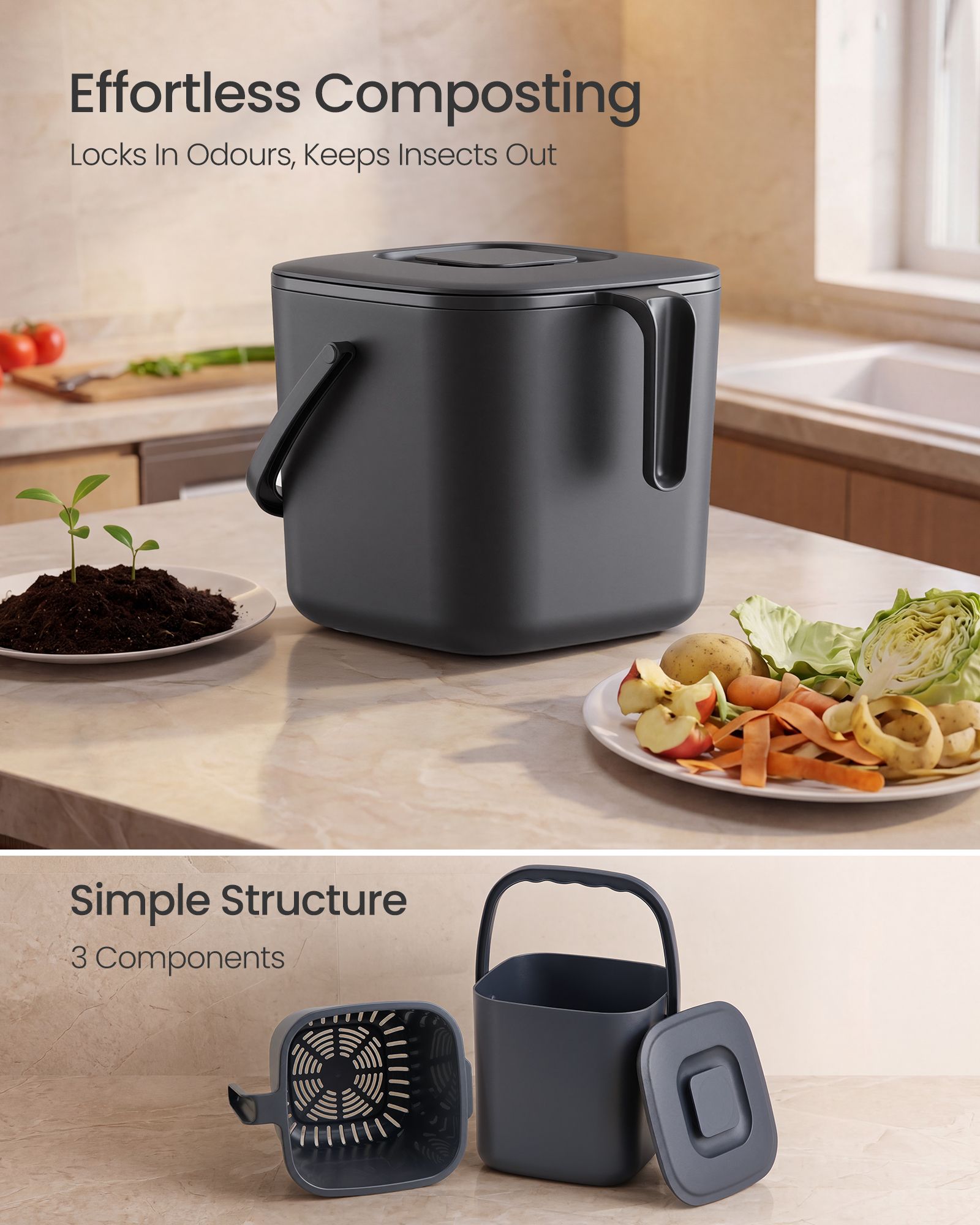 Compost Caddy - Odour-Proof with Lid and Strainer Basket - 24 x 20 x 19.5 cm