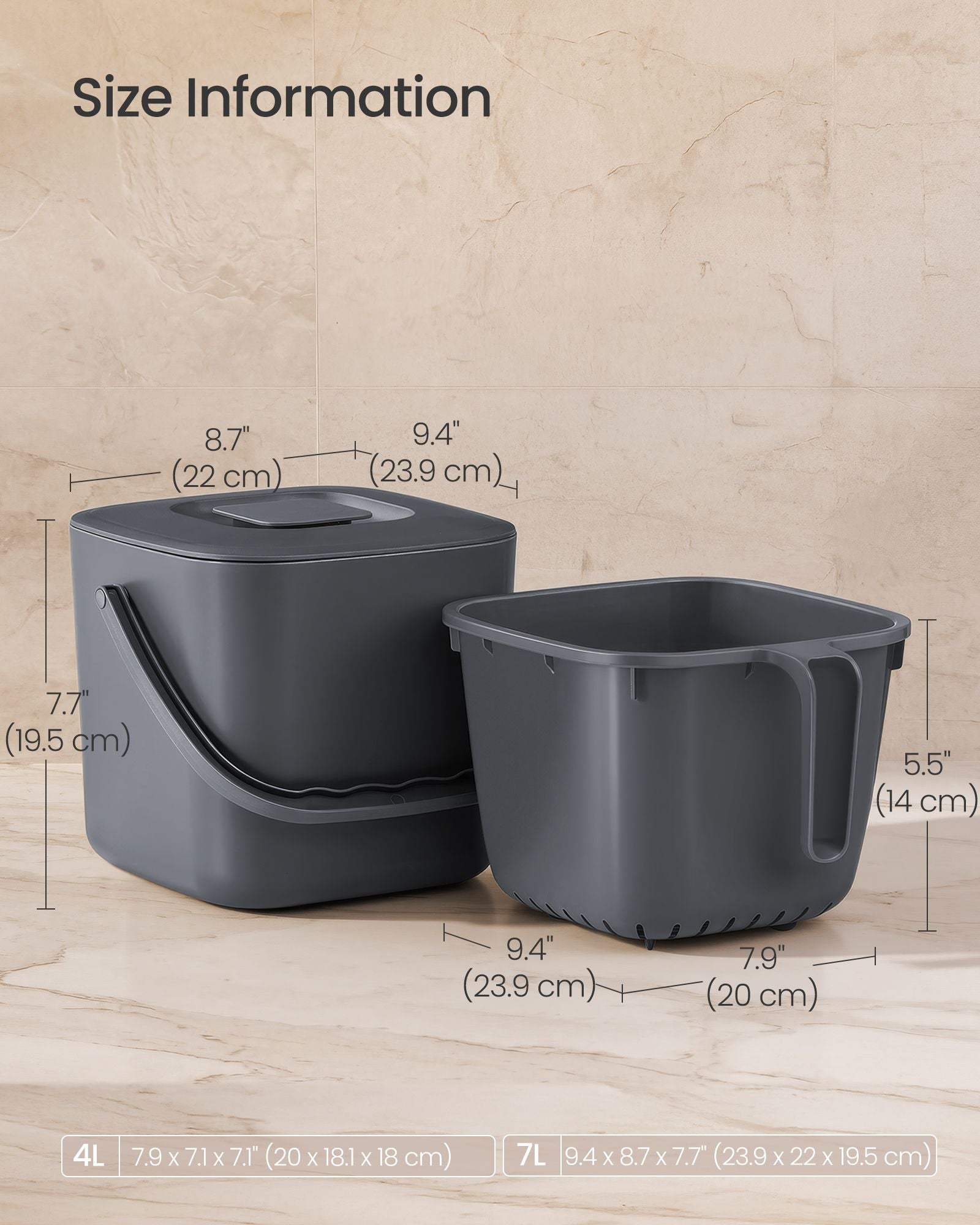 Compost Caddy - Odour-Proof with Lid and Strainer Basket - 24 x 20 x 19.5 cm