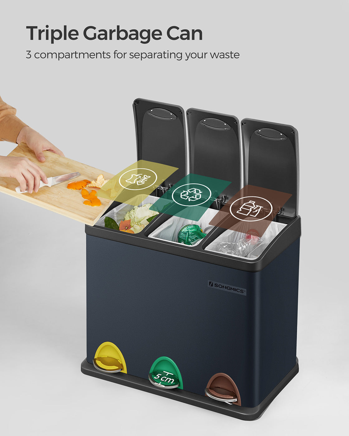 3-in-1 Rubbish Bin - Stainless Steel - Silver - 24 Litre Recycling Waste Separation System