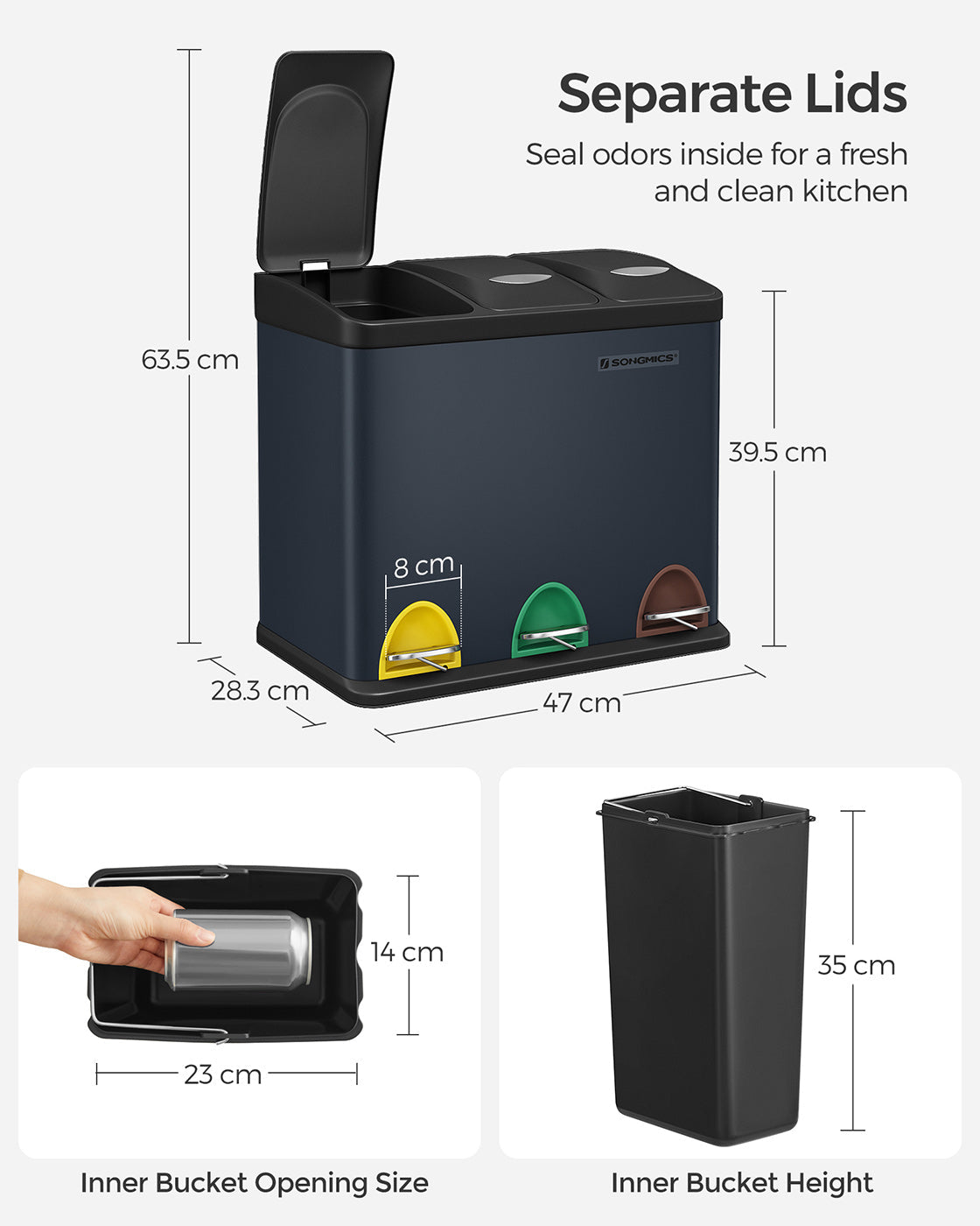 3-in-1 Rubbish Bin - Stainless Steel - Silver - 24 Litre Recycling Waste Separation System