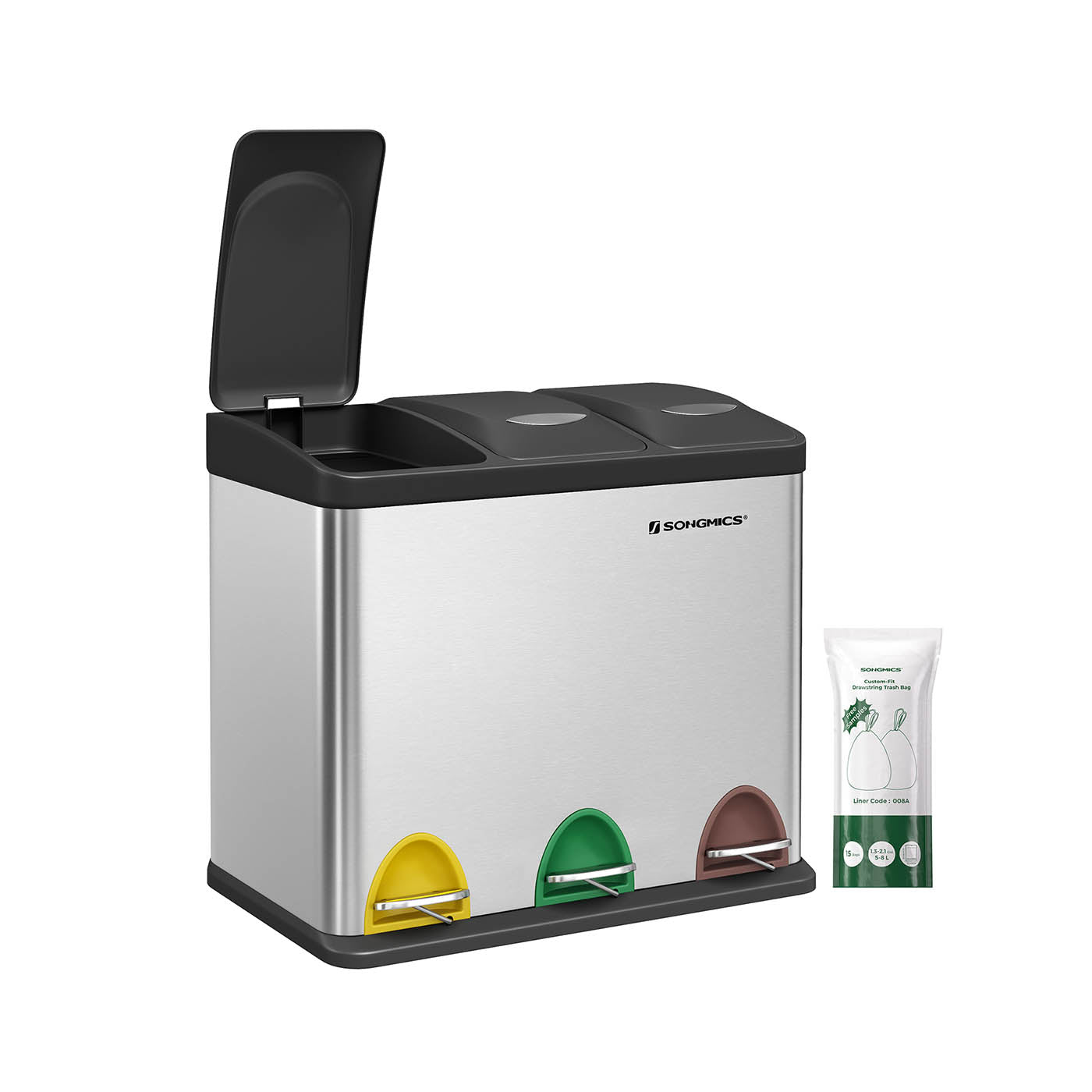 Rubbish Bin - Stainless Steel - Silver - 24 Litre with Pedal and Recycling Separation System