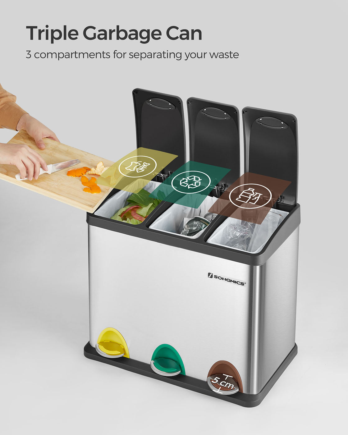 Rubbish Bin - Stainless Steel - Silver - 24 Litre with Pedal and Recycling Separation System