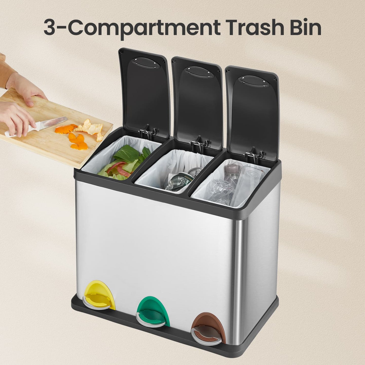 Metal Pedal Trash Bin - Silver - Set of 3 with Lids and Inner Buckets for Waste and Recycling