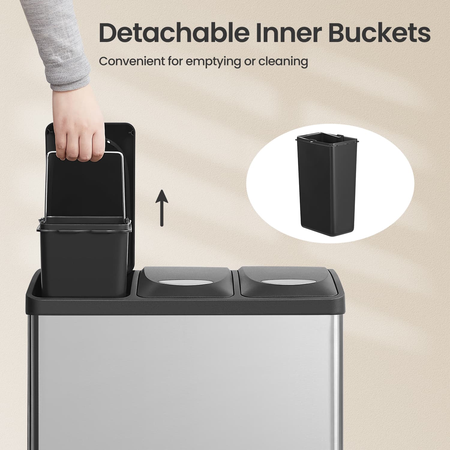 Metal Pedal Trash Bin - Silver - Set of 3 with Lids and Inner Buckets for Waste and Recycling
