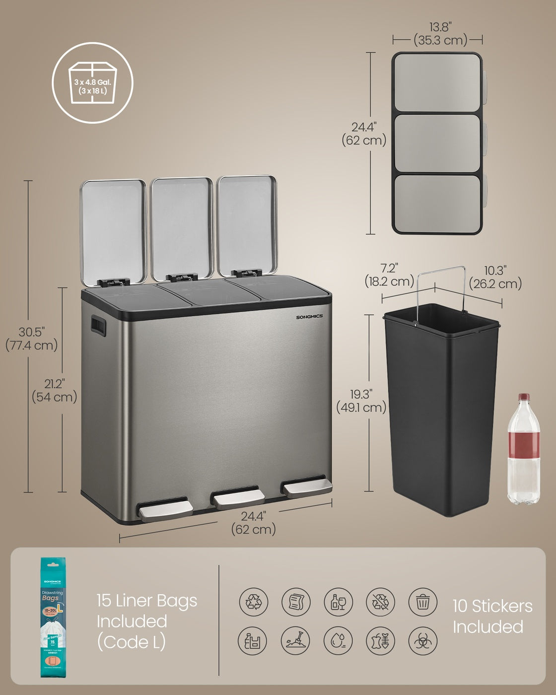 Recycling Bin - With Multiple Compartments - 62 x 35.3 x 54 cm
