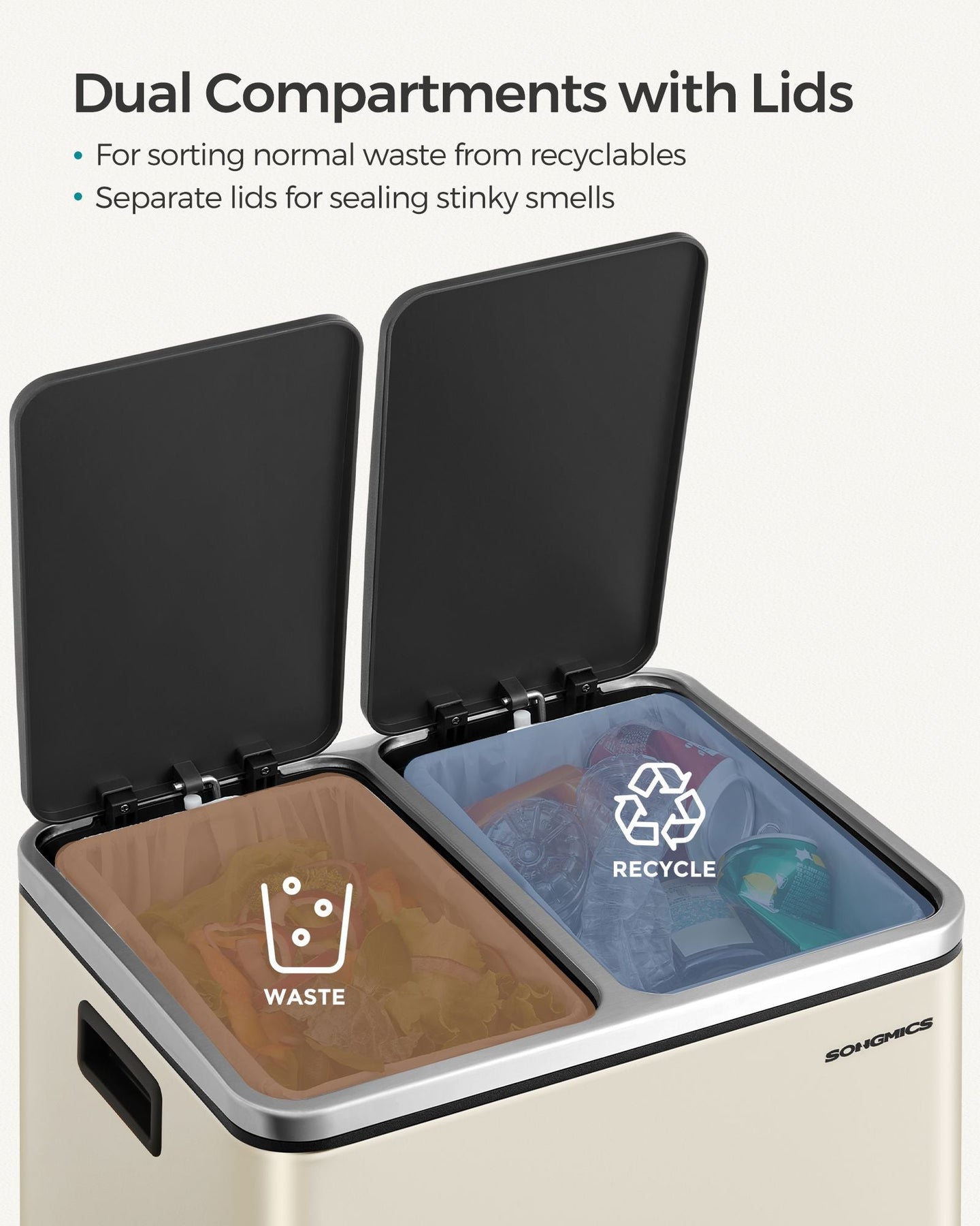 Kitchen Pedal Bin - Dual Compartment 30L - Stainless Steel - Sand Beige and Ink Black