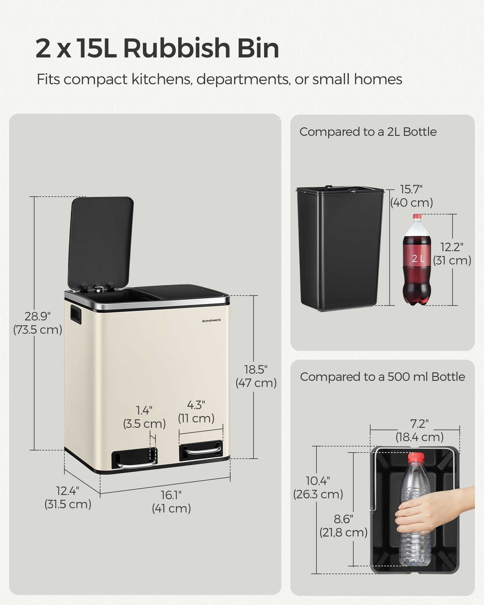 Kitchen Pedal Bin - Dual Compartment 30L - Stainless Steel - Sand Beige and Ink Black