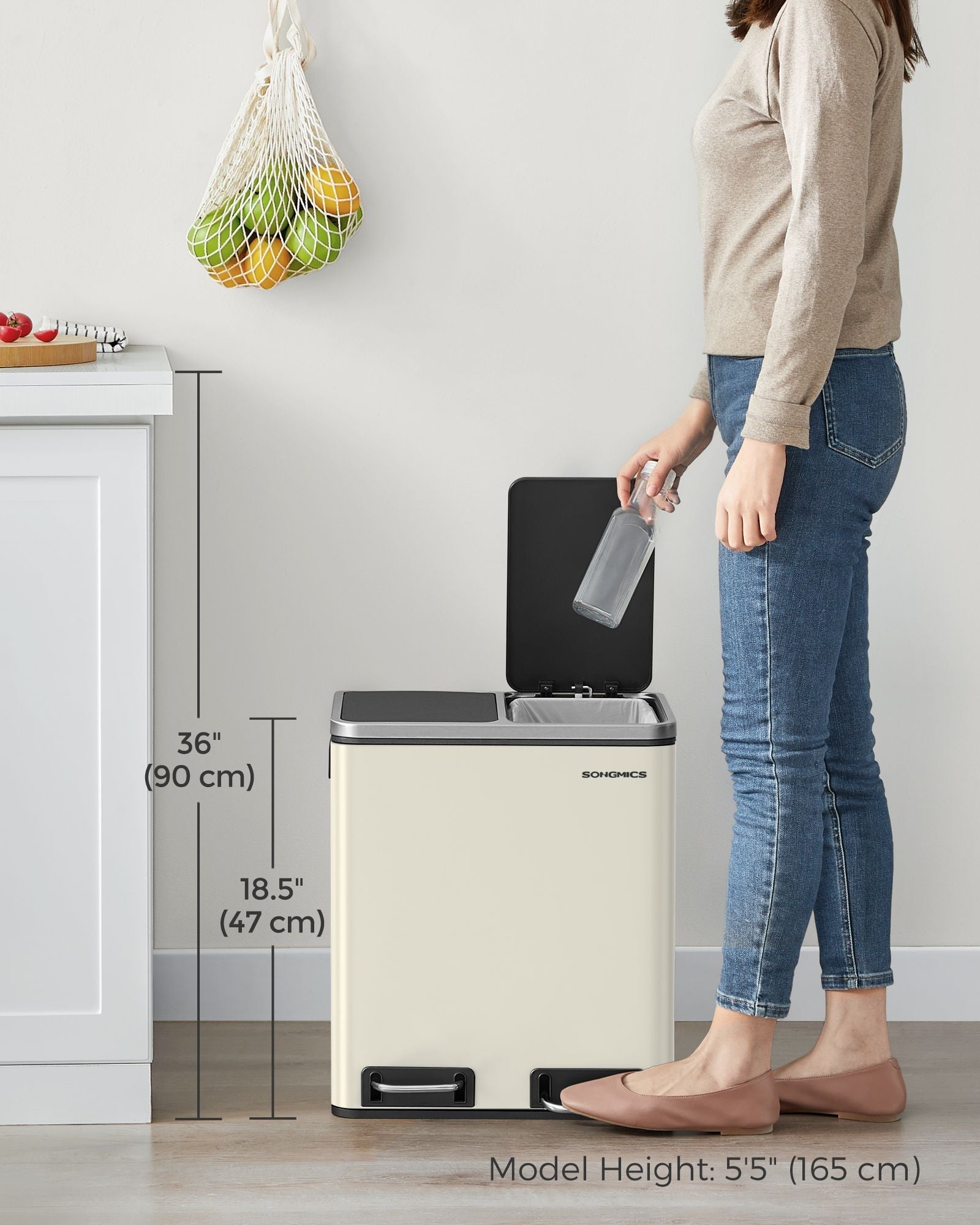Kitchen Pedal Bin - Dual Compartment 30L - Stainless Steel - Sand Beige and Ink Black