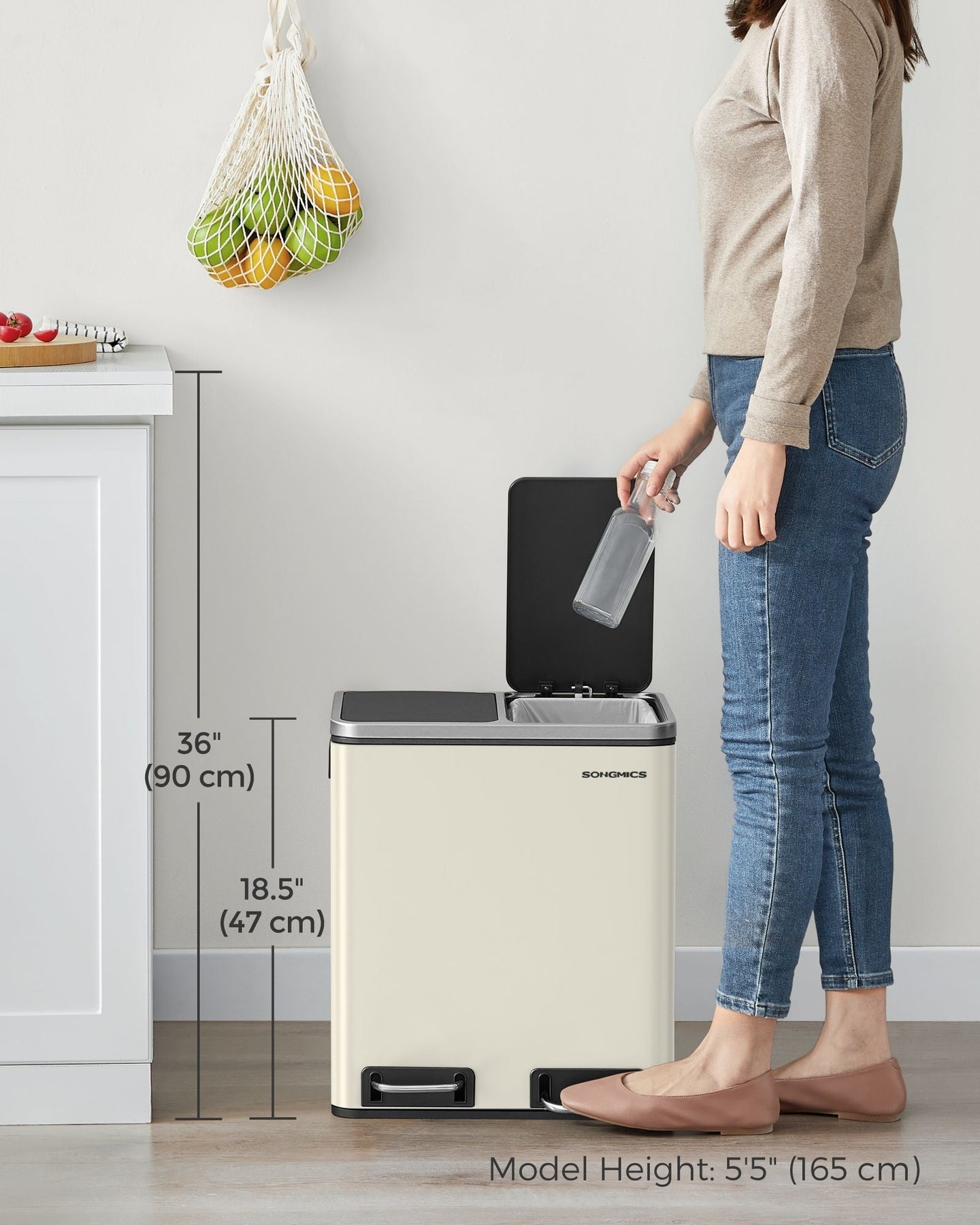 Kitchen Pedal Bin - Dual Compartment 30L - Stainless Steel - Sand Beige and Ink Black