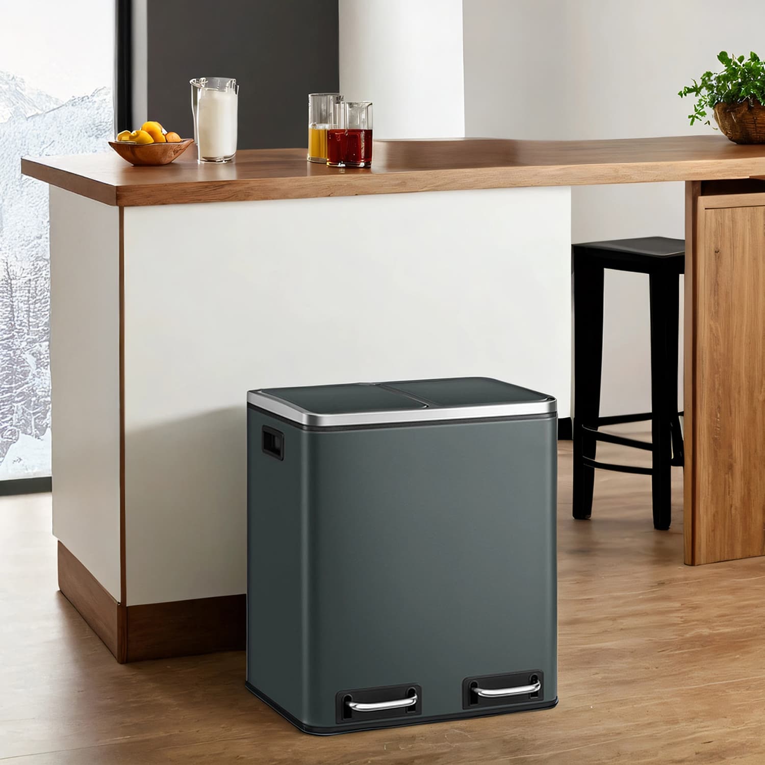 Double Kitchen Bin - Stainless Steel - Silver - Pedal Operation with Inner Classified Buckets