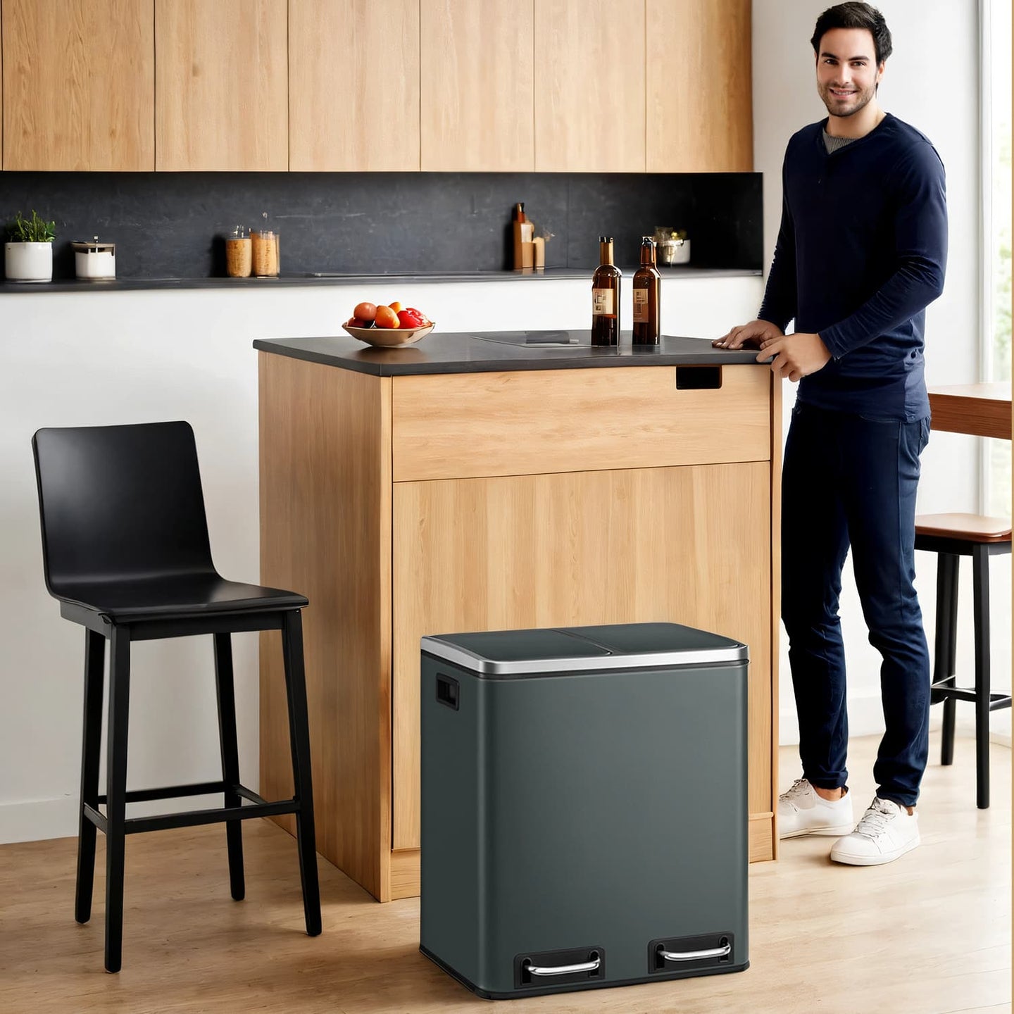 Double Kitchen Bin - Stainless Steel - Silver - Pedal Operation with Inner Classified Buckets