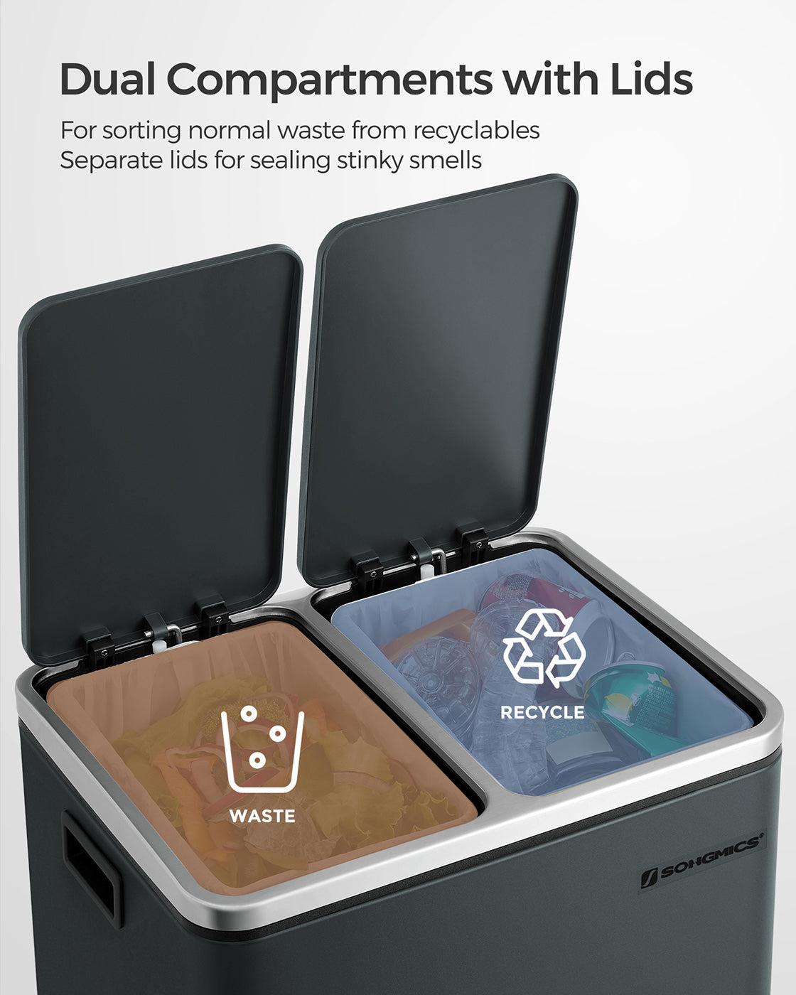 Trash Can - Stainless Steel - Silver - Dual Compartment 30L for Recycling