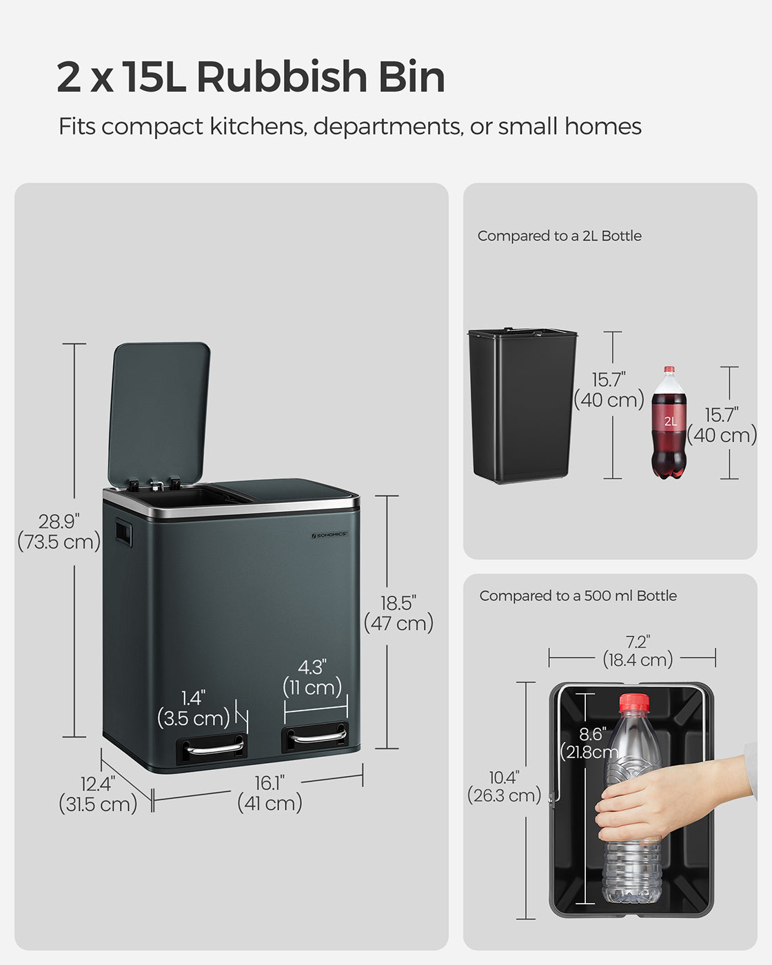 Trash Can - Stainless Steel - Silver - Dual Compartment 30L for Recycling