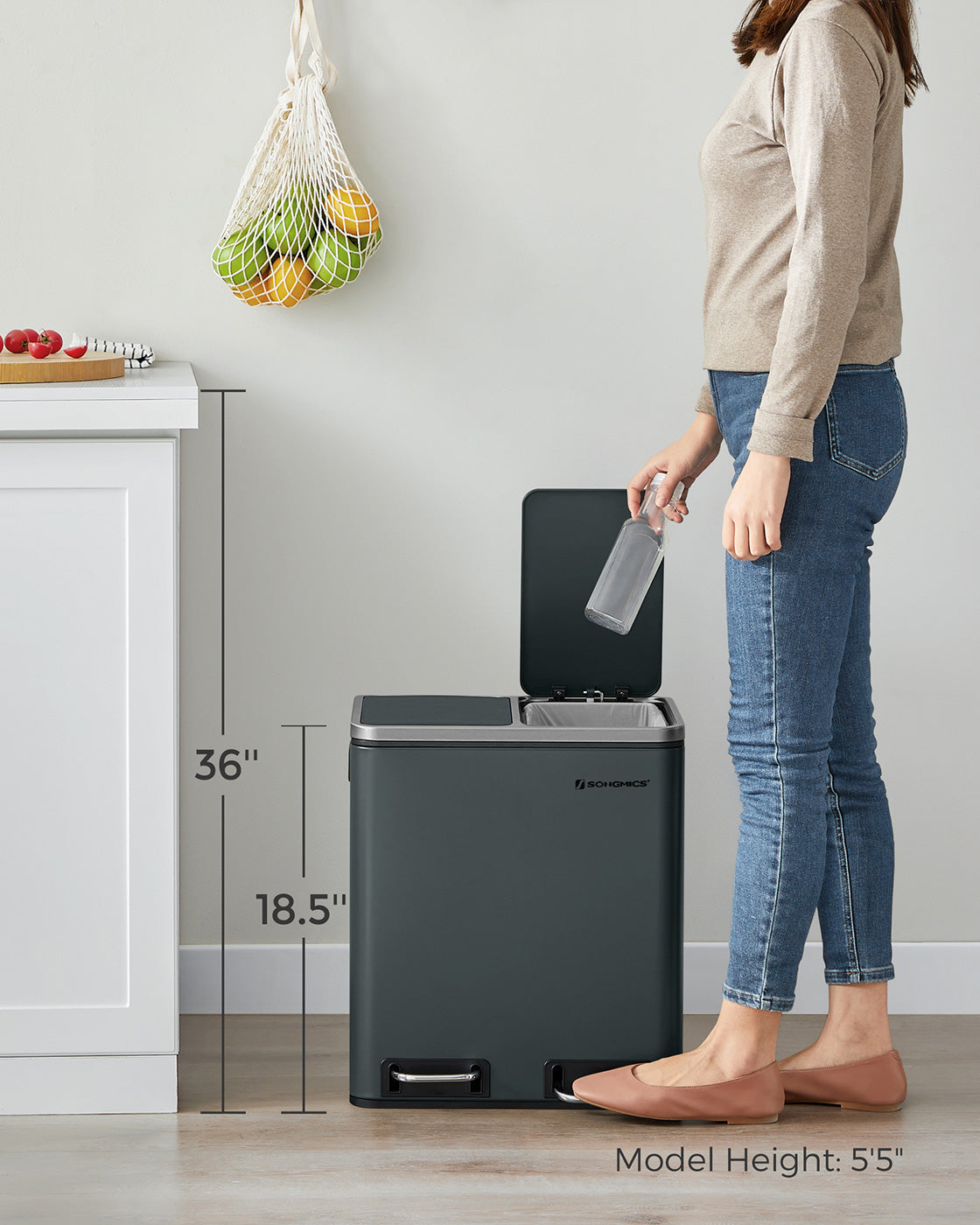 Trash Can - Stainless Steel - Silver - Dual Compartment 30L for Recycling