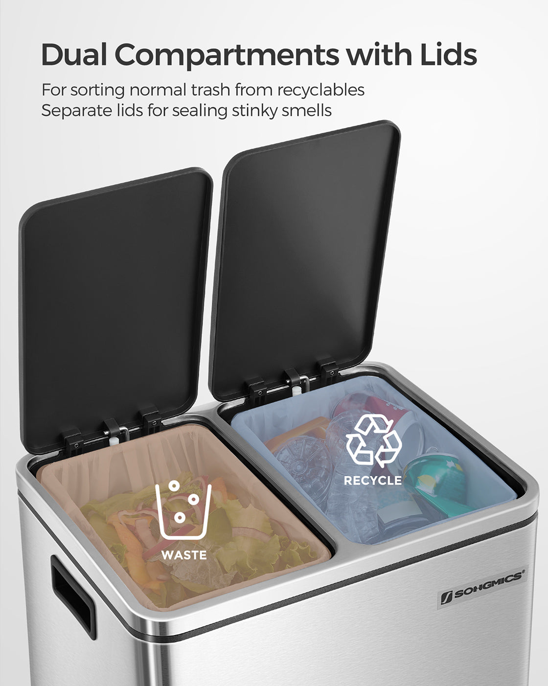 Recycle Bin Trash Can - 30L Total Capacity - Stainless Steel - Dual Inner Bins for Easy Sorting