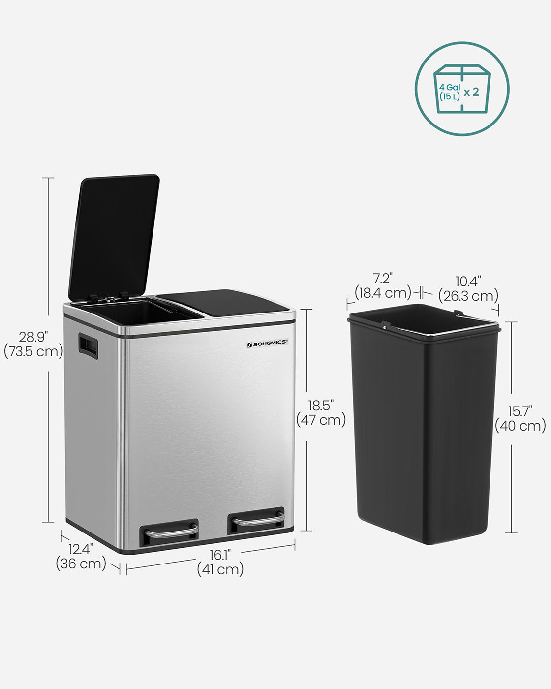 Recycle Bin Trash Can - 30L Total Capacity - Stainless Steel - Dual Inner Bins for Easy Sorting