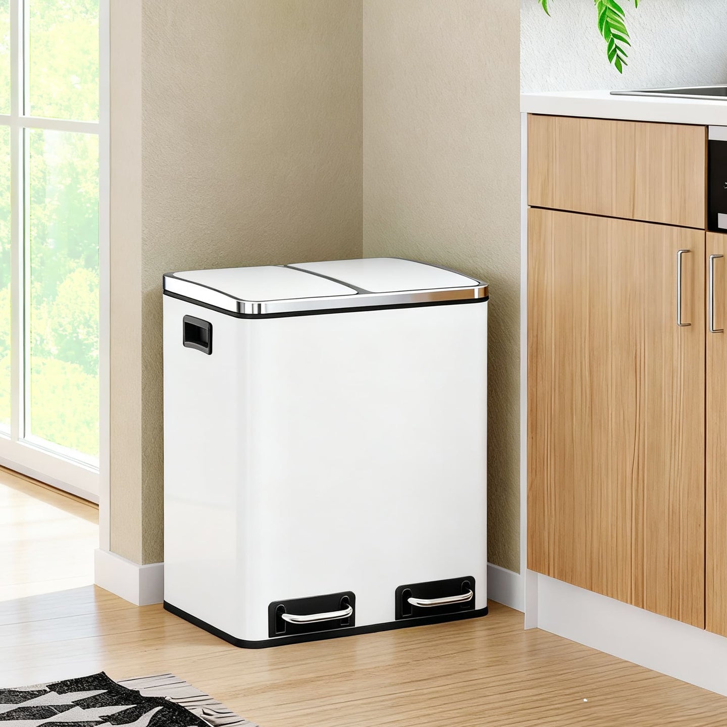 Double Kitchen Bin - Stainless Steel - Silver - Pedal Operation with Inner Classified Buckets