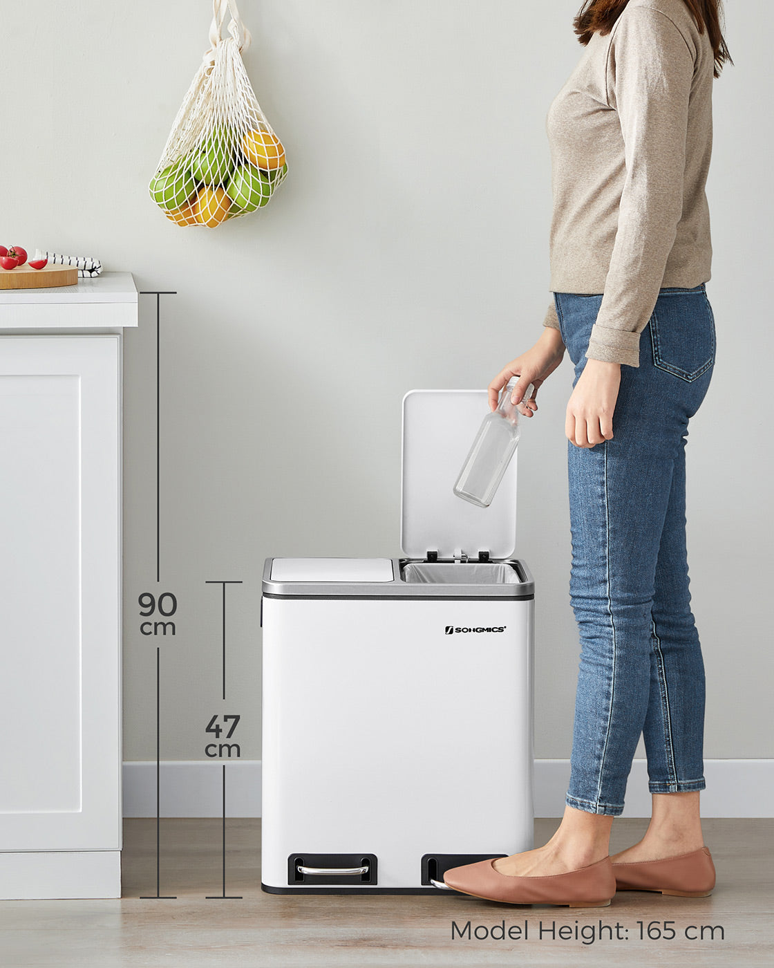 Dual Rubbish Bin - Stainless Steel - White - 30 L Capacity with Inner Classified Bins