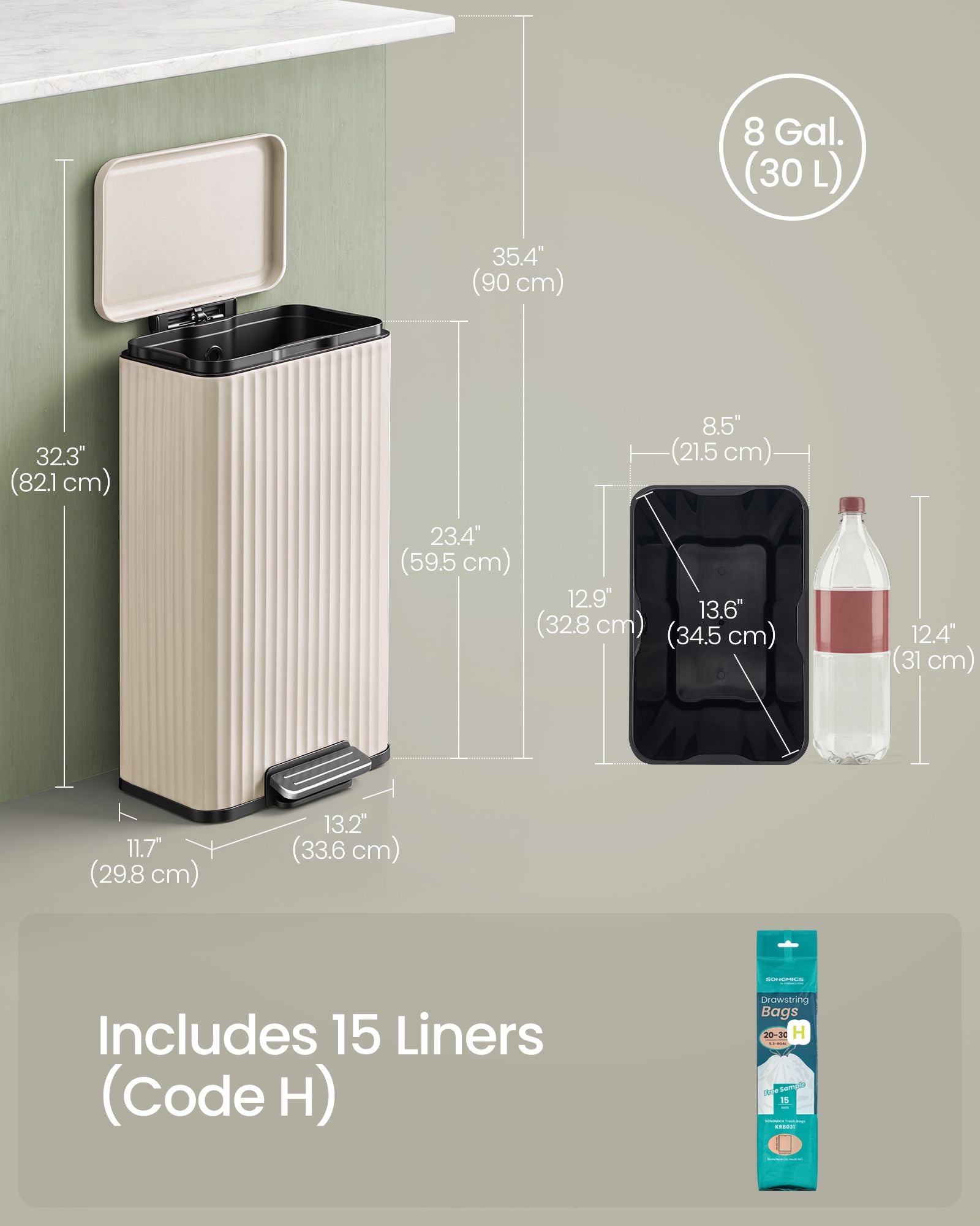 Kitchen Bin - With Pedal and Soft-Close Lid - Beige - 33.6 x 29.8 x 59.5 cm