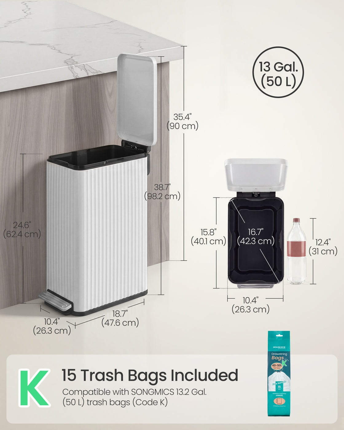 Kitchen Bin - With Pedal and Soft-Close Lid - 47.6 x 26.3 x 62.4 cm