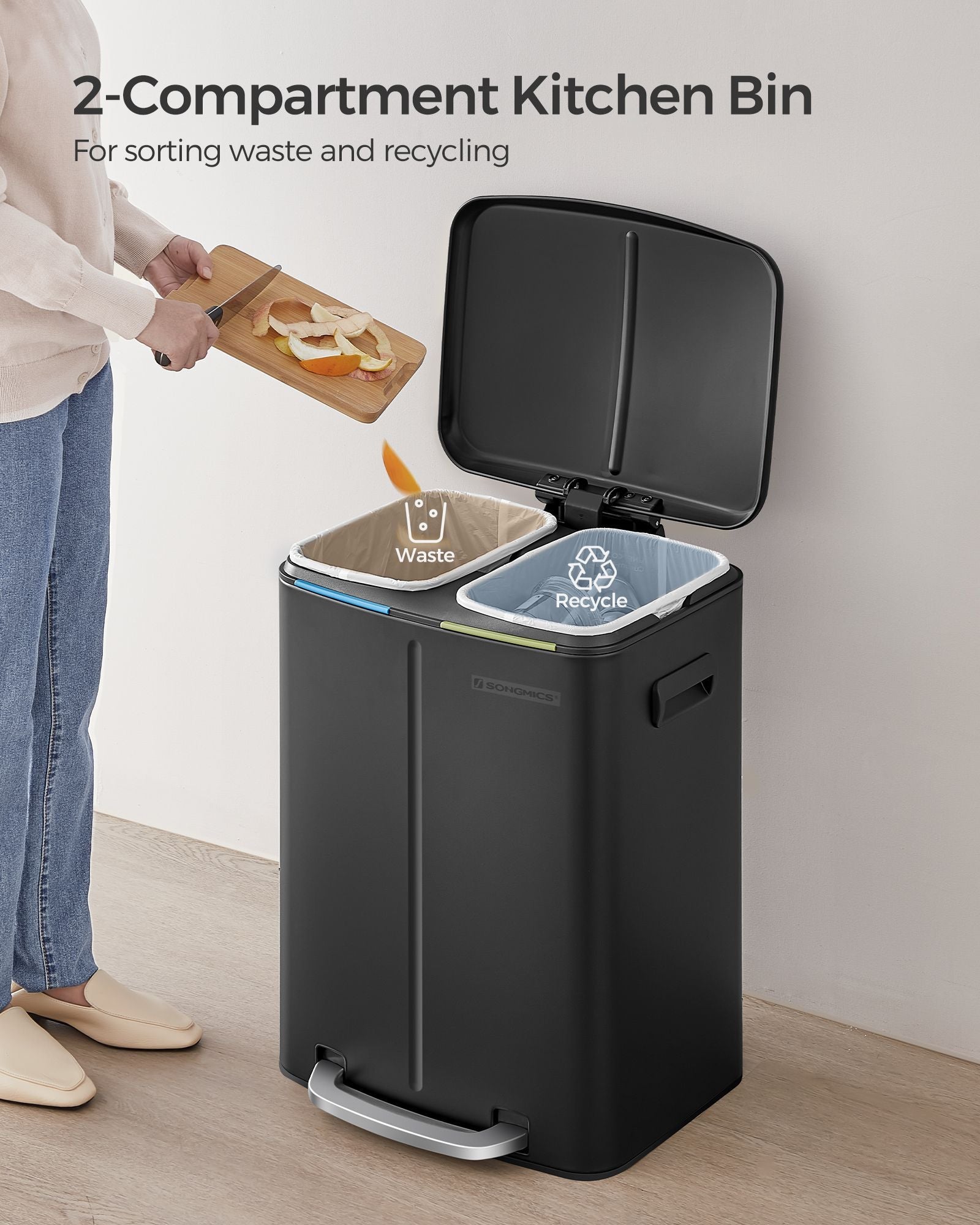 Metal Step Rubbish Bin - Black - Dual Compartment with Hinged Lid and Soft Closure