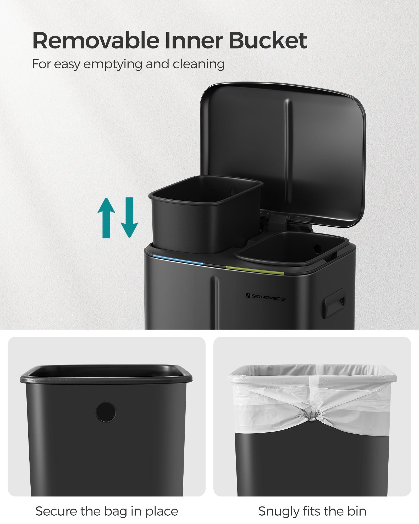 Metal Step Rubbish Bin - Black - Dual Compartment with Hinged Lid and Soft Closure