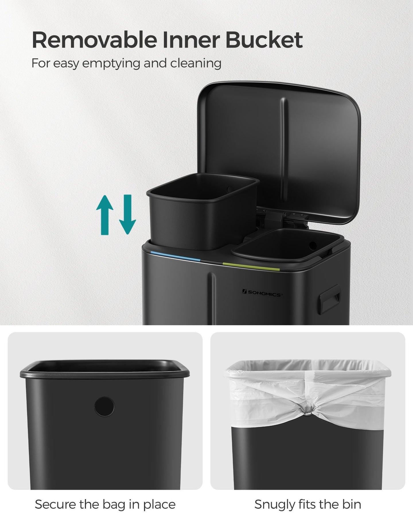 Metal Step Rubbish Bin - Black - Dual Compartment with Hinged Lid and Soft Closure