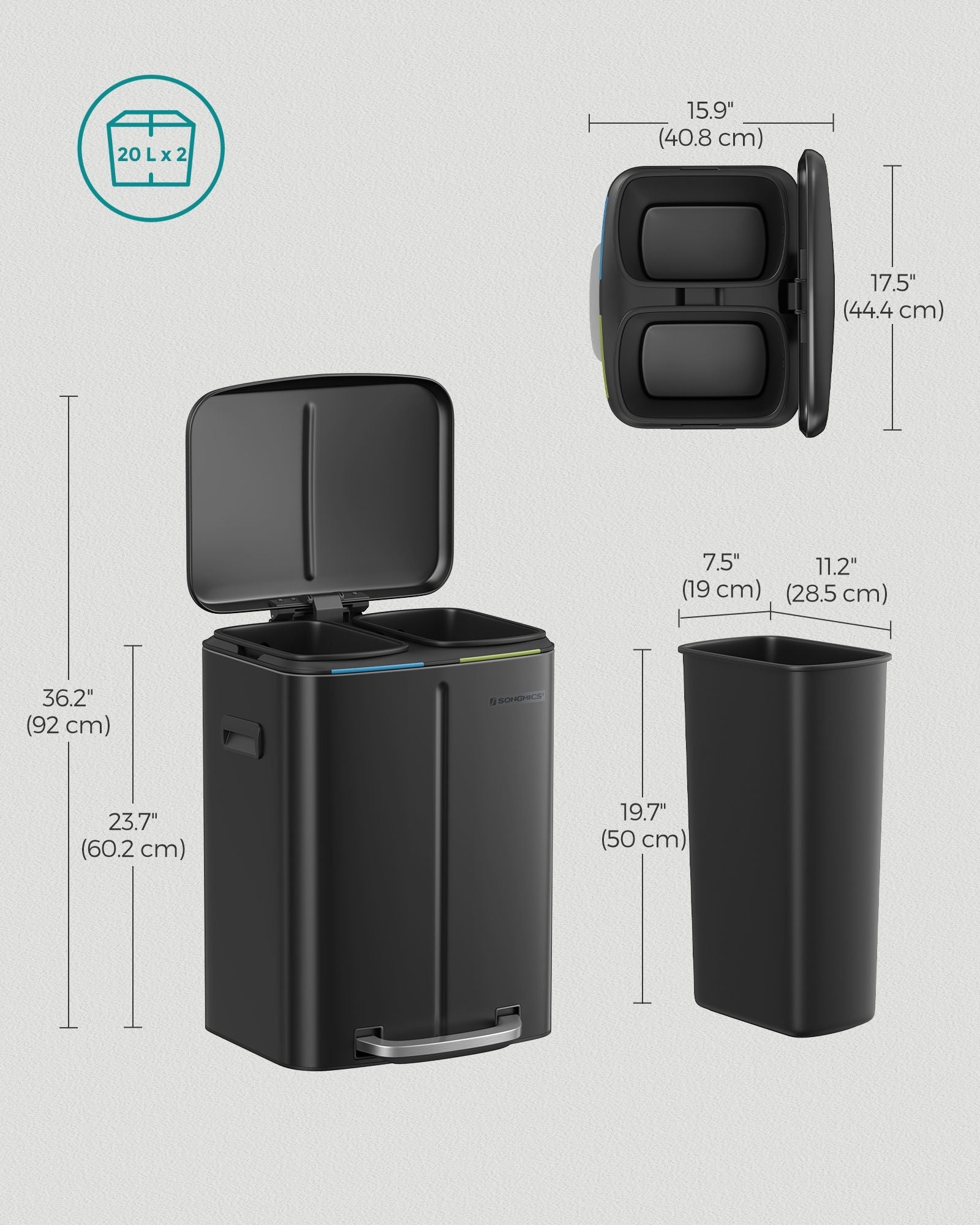 Metal Step Rubbish Bin - Black - Dual Compartment with Hinged Lid and Soft Closure
