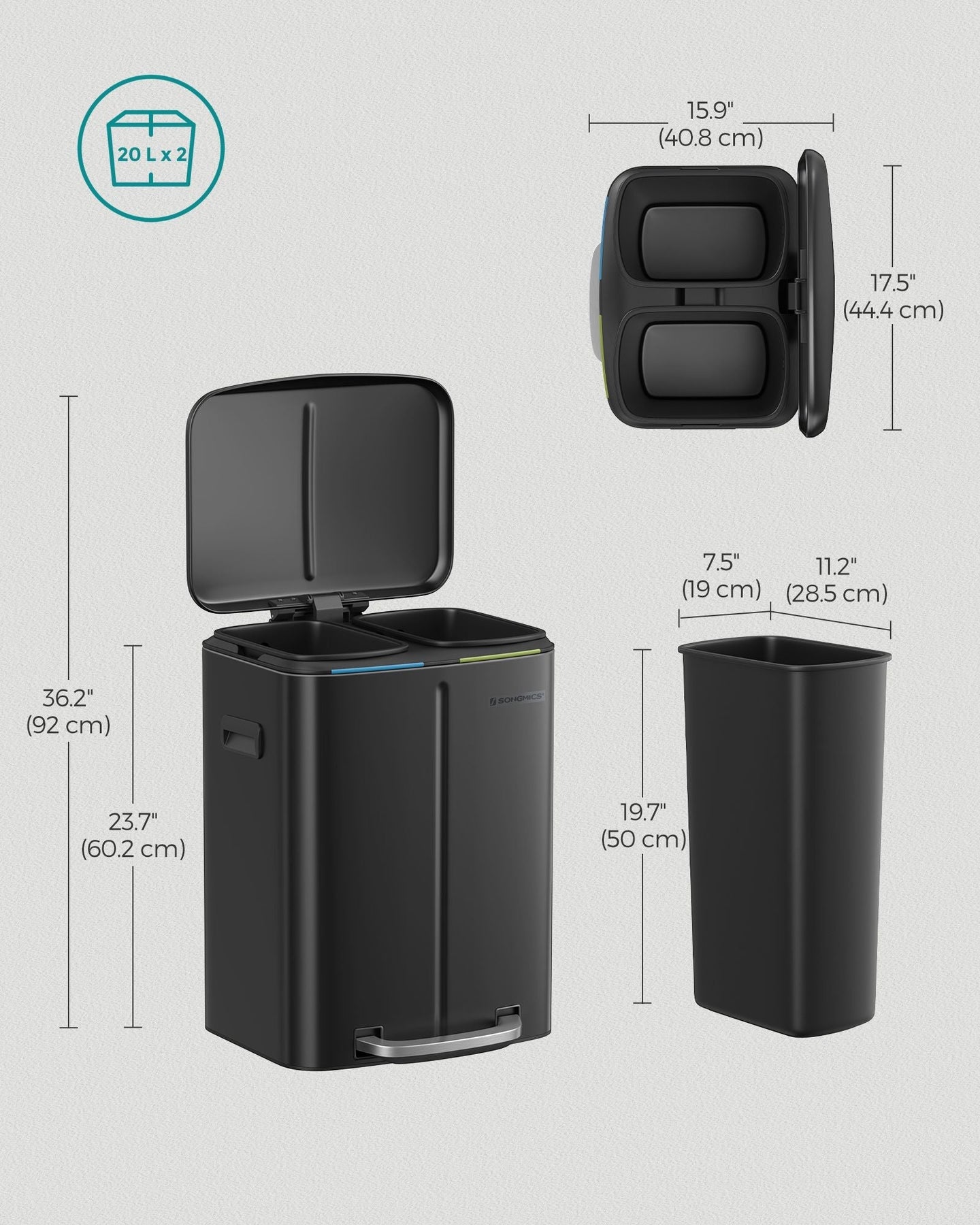 Metal Step Rubbish Bin - Black - Dual Compartment with Hinged Lid and Soft Closure