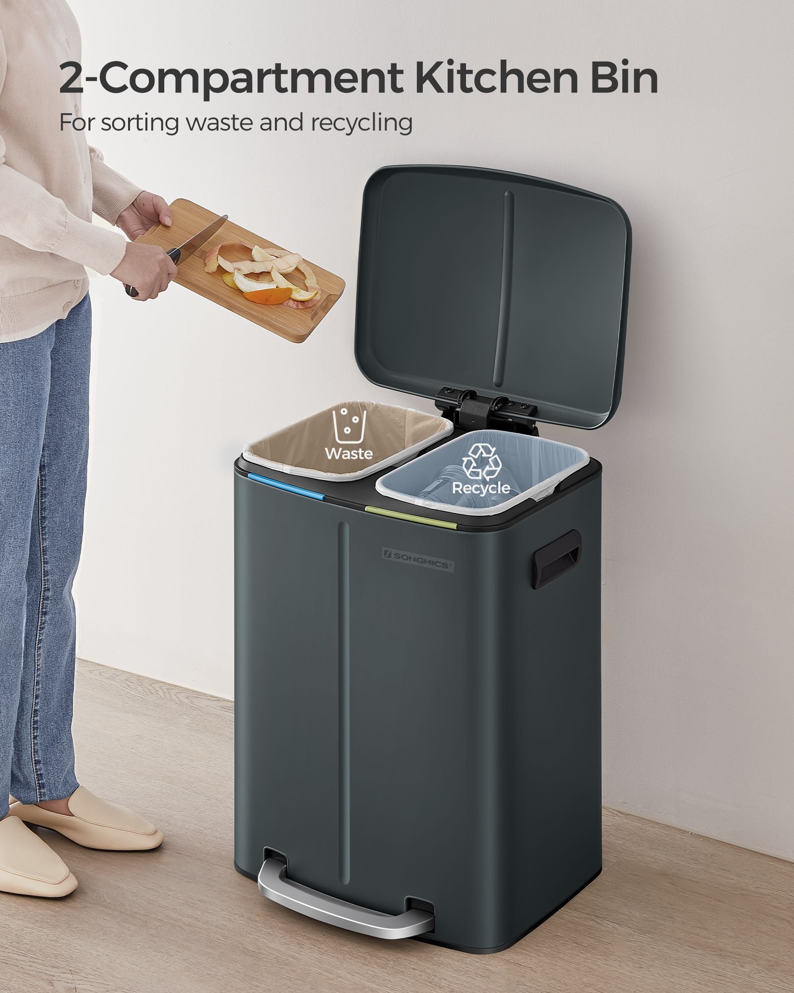 Dual Compartment Trash Can - Metal - Greenish-Grey - Soft Closure