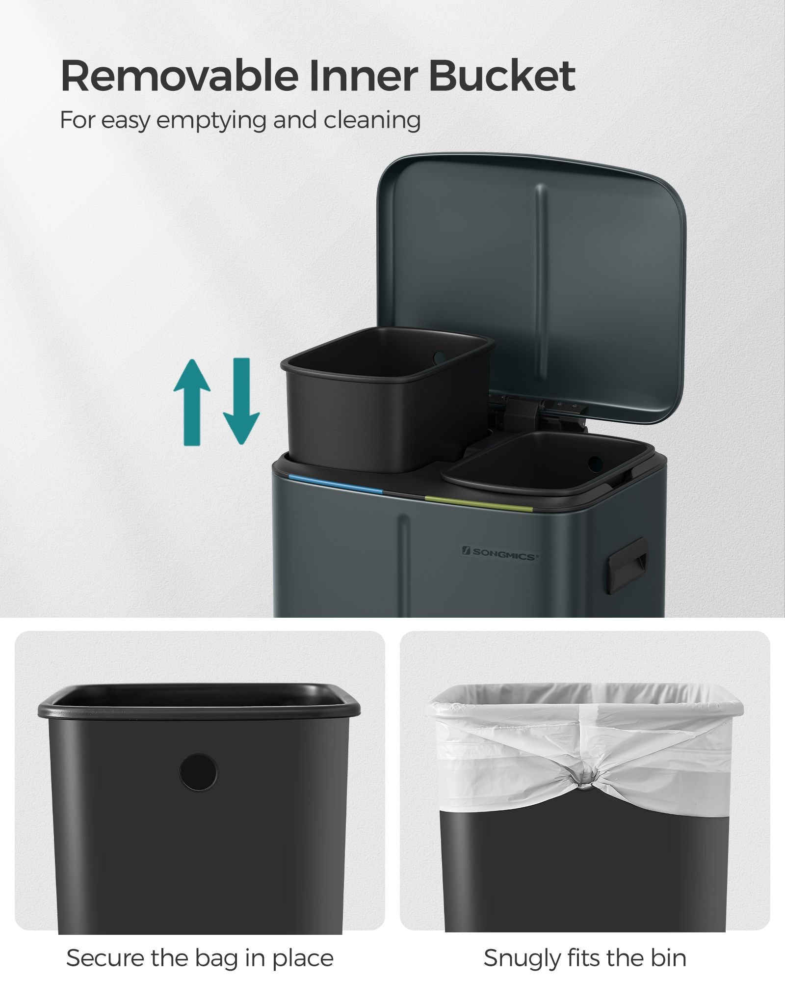 Dual Compartment Trash Can - Metal - Greenish-Grey - Soft Closure
