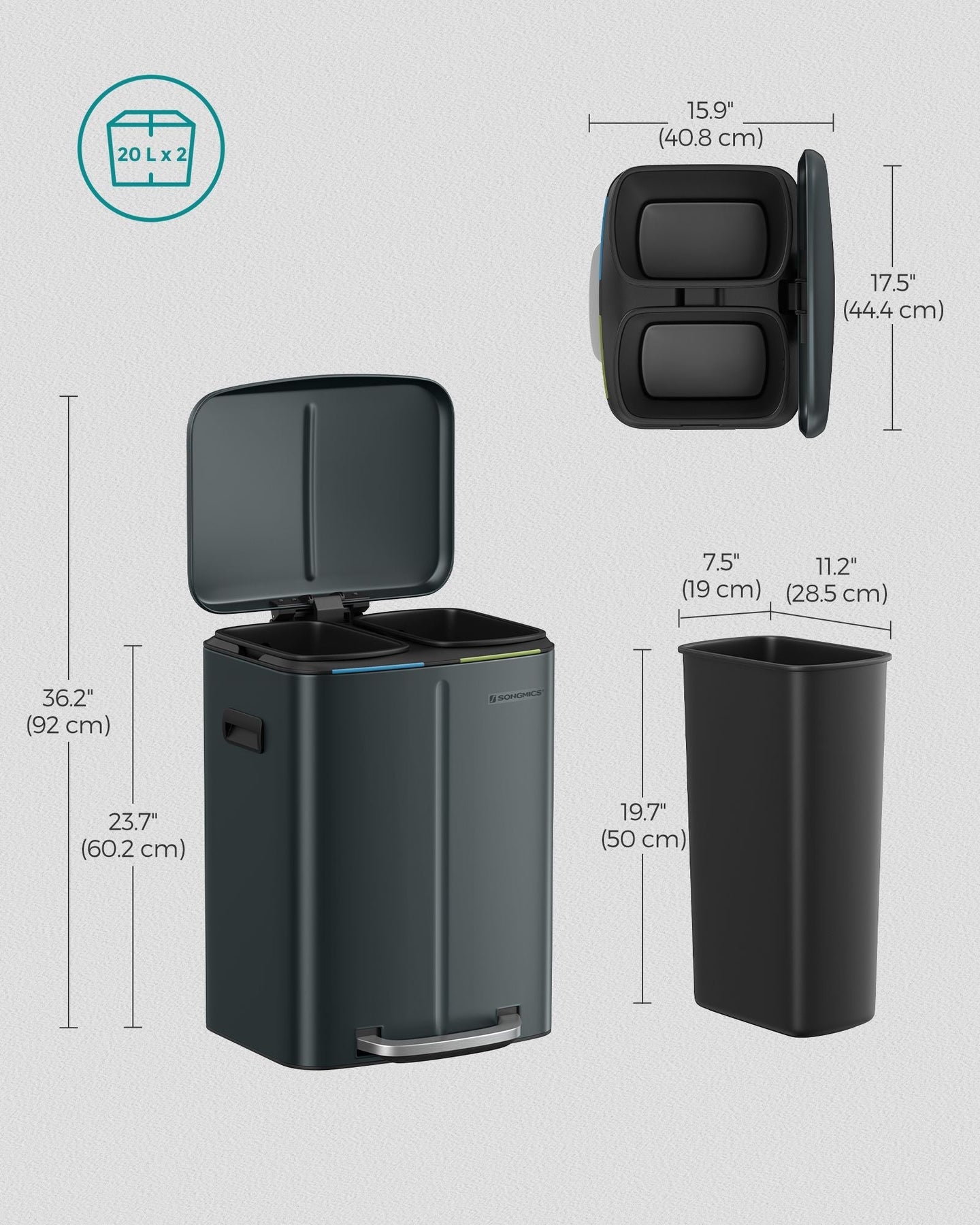 Dual Compartment Trash Can - Metal - Greenish-Grey - Soft Closure