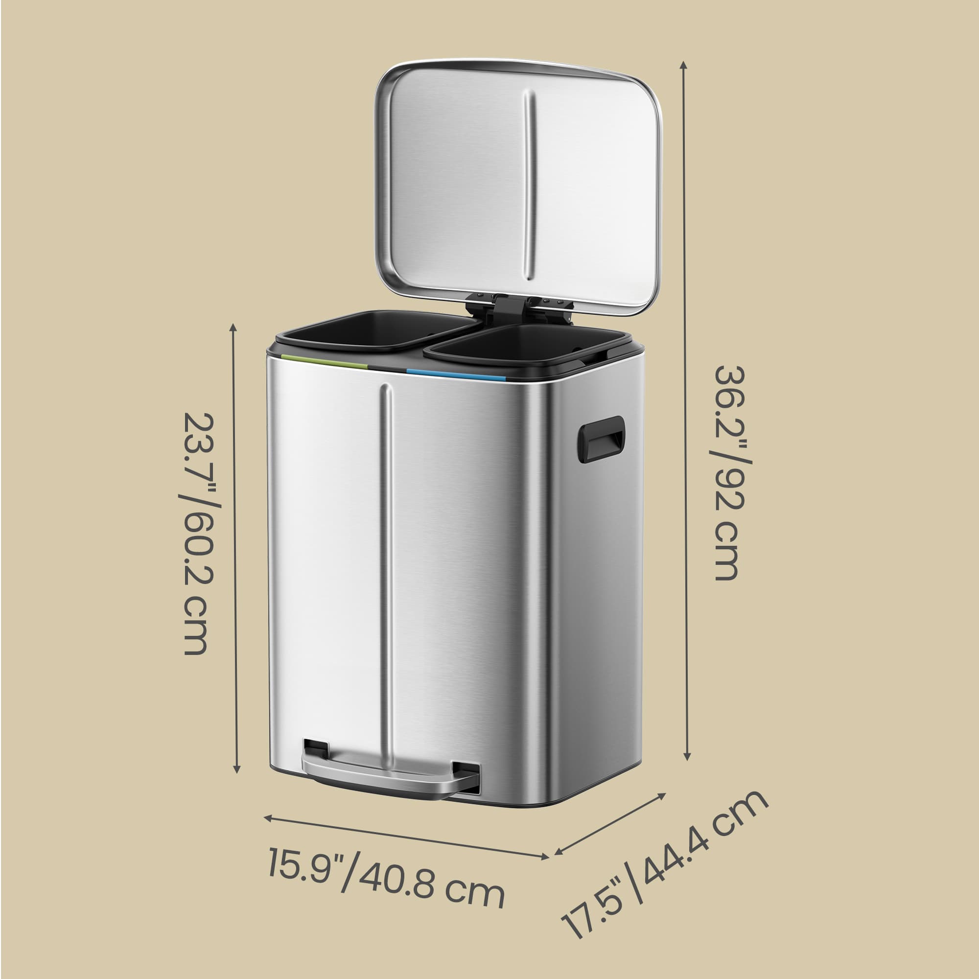 Kitchen Bin - Metal - White - Dual Compartment with Soft Close and Plastic Inner Buckets
