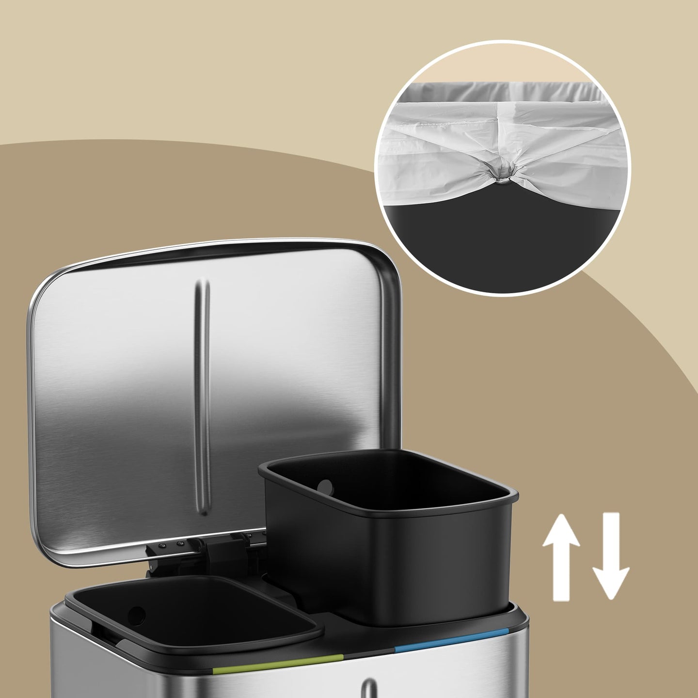 Kitchen Bin - Metal - White - Dual Compartment with Soft Close and Plastic Inner Buckets