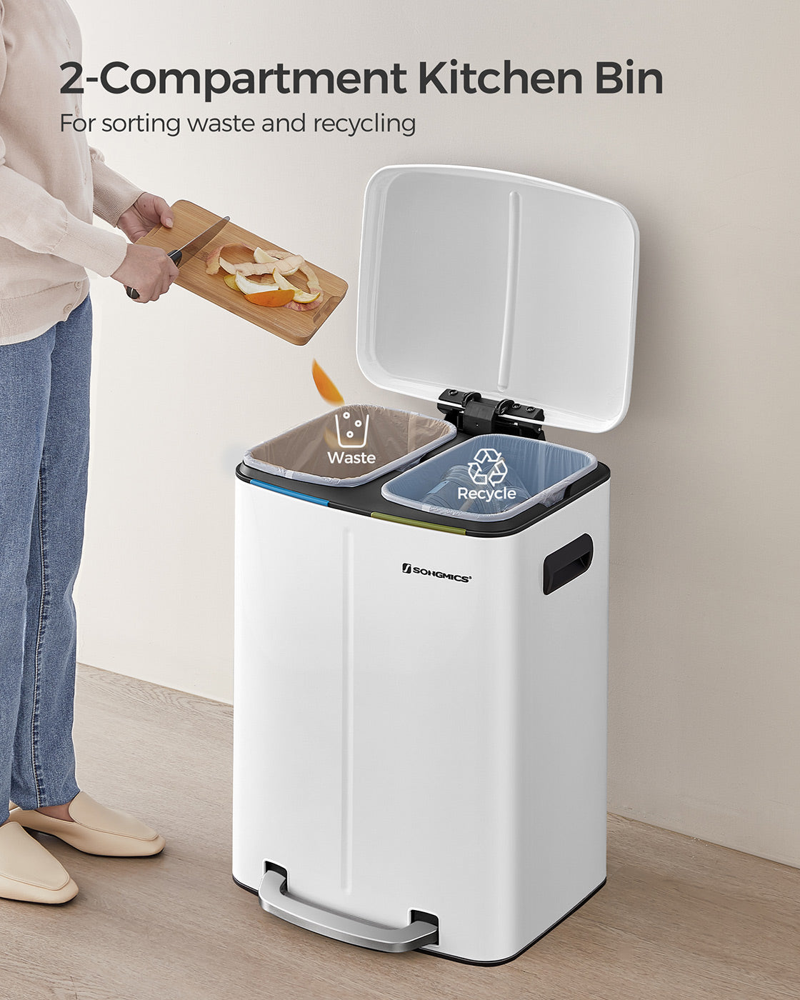 Dual Trash Can - Metal - White - Dual Compartments with Soft Closure and Airtight Design