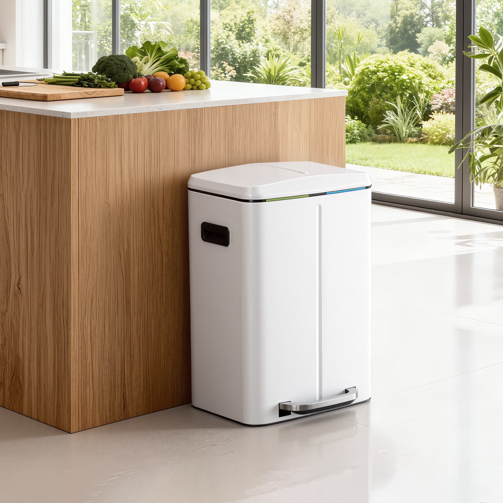 Kitchen Bin - Metal - White - Dual Compartment with Soft Close and Plastic Inner Buckets