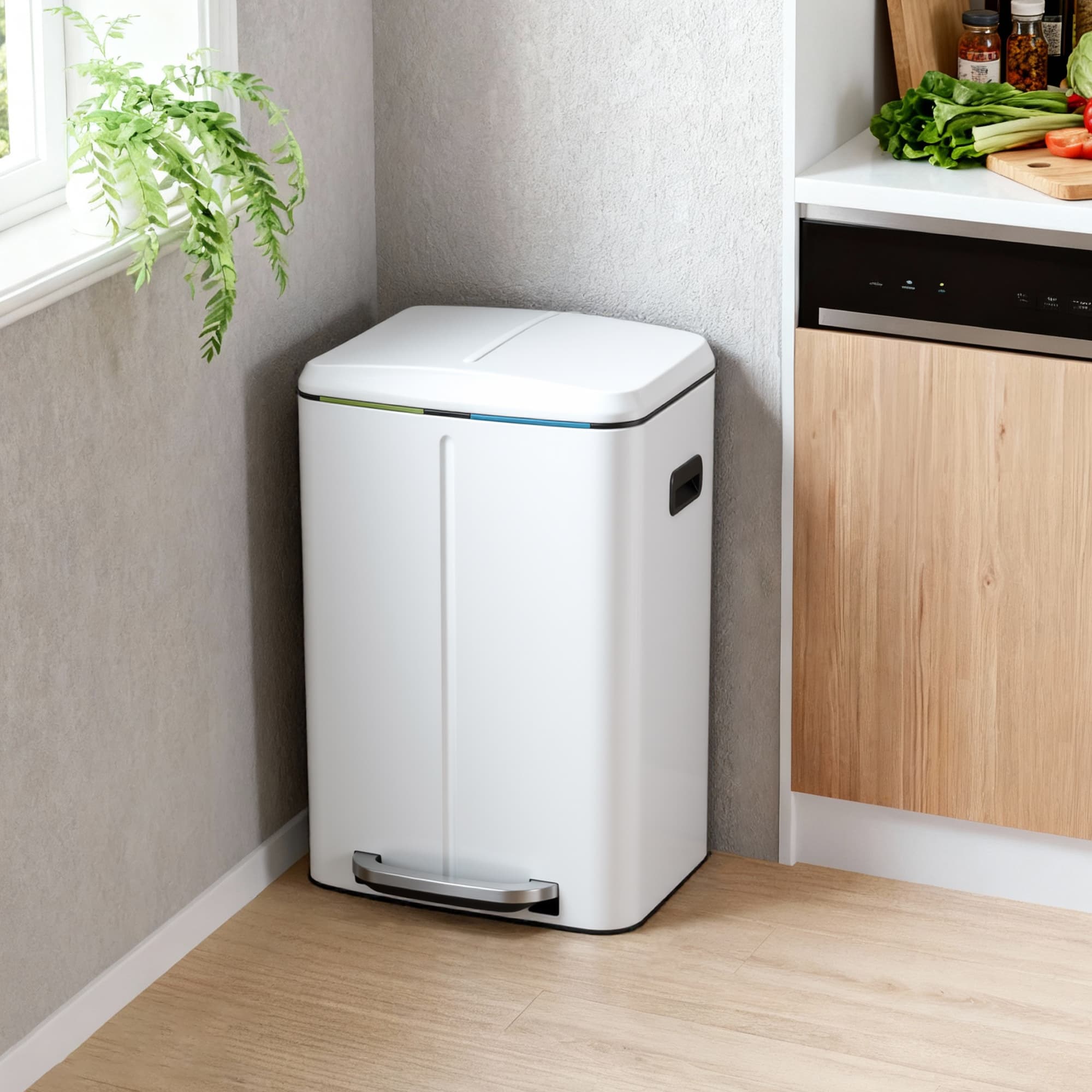 Kitchen Bin - Metal - White - Dual Compartment with Soft Close and Plastic Inner Buckets