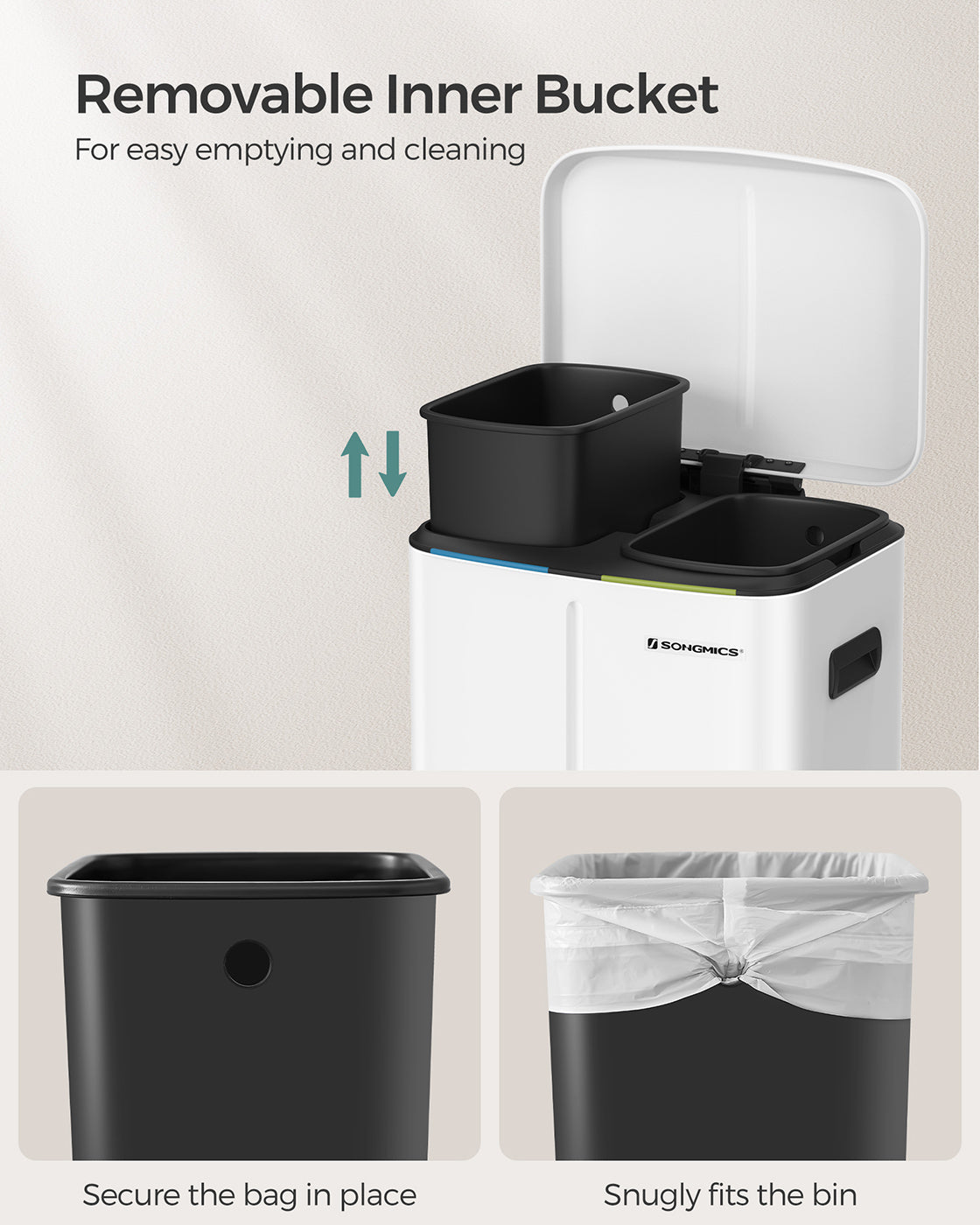 Dual Trash Can - Metal - White - Dual Compartments with Soft Closure and Airtight Design