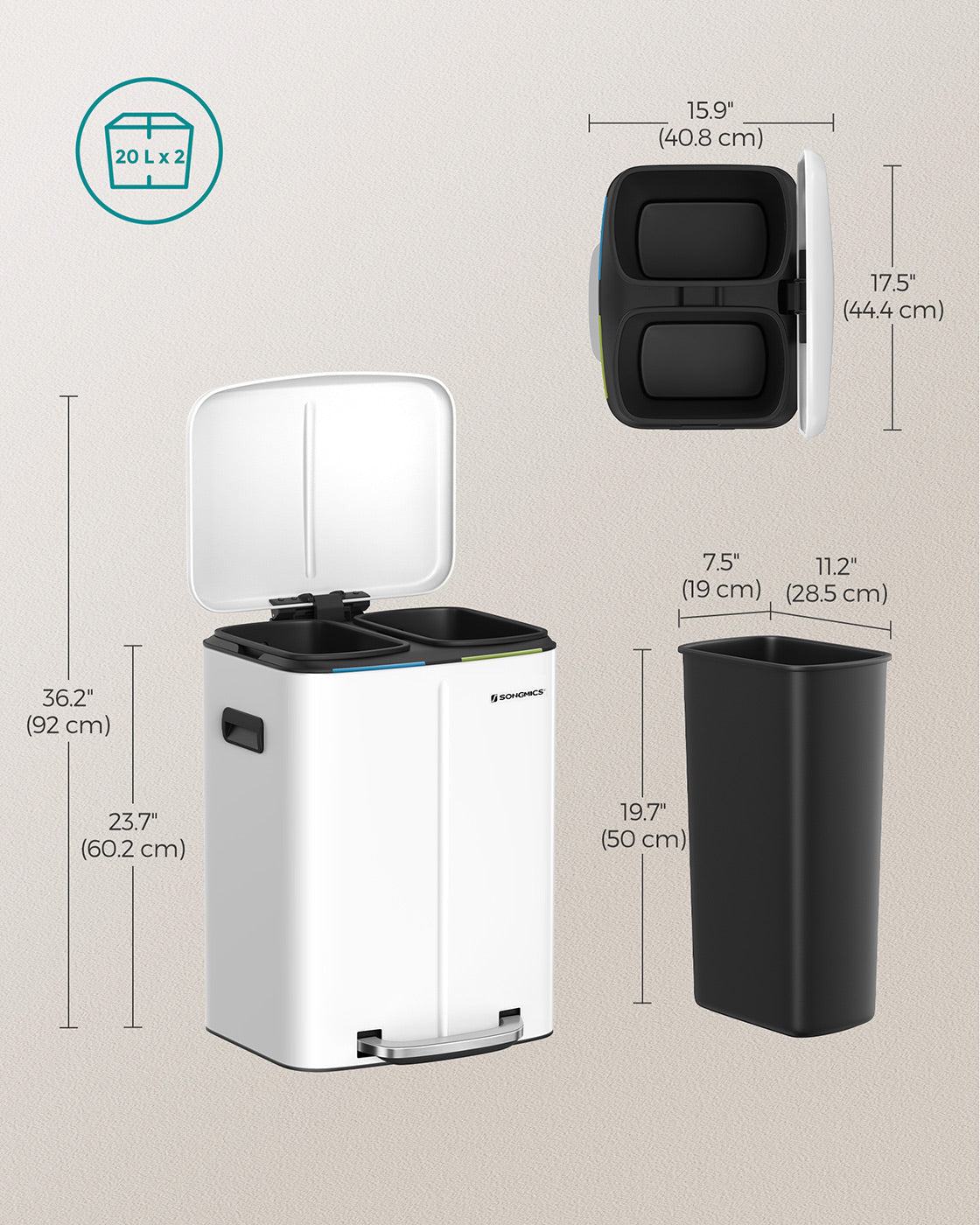 Dual Trash Can - Metal - White - Dual Compartments with Soft Closure and Airtight Design