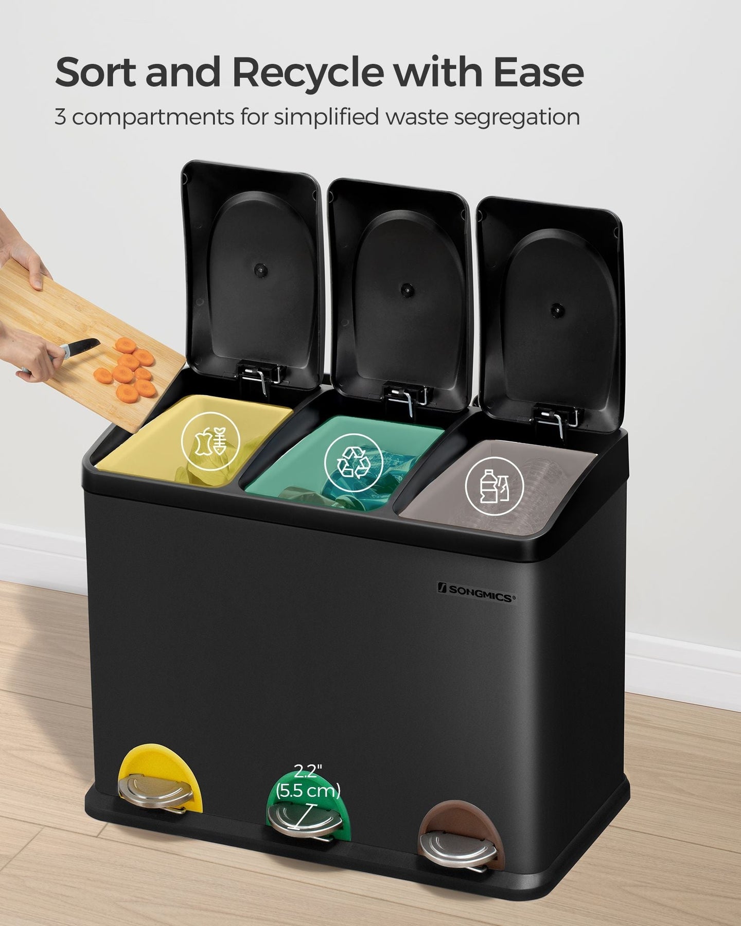 Kitchen Trash Can - Stainless Steel - Black - 45L Capacity with Waste Separation System