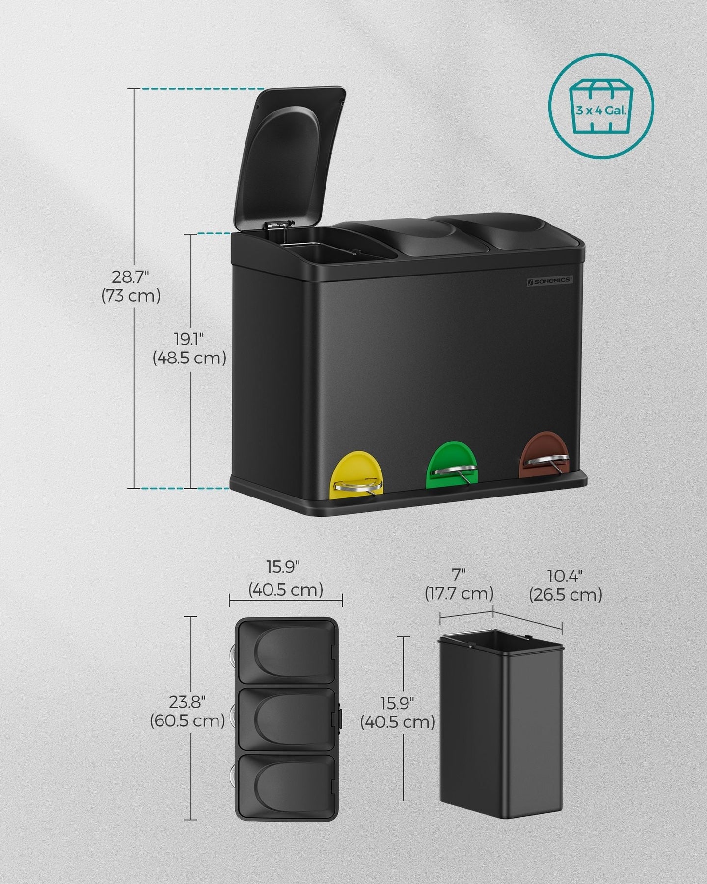 Kitchen Trash Can - Stainless Steel - Black - 45L Capacity with Waste Separation System
