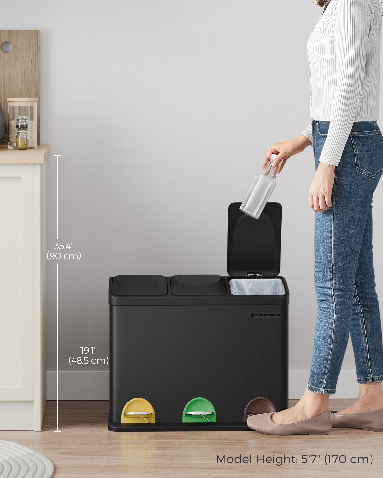 Kitchen Trash Can - Stainless Steel - Black - 45L Capacity with Waste Separation System