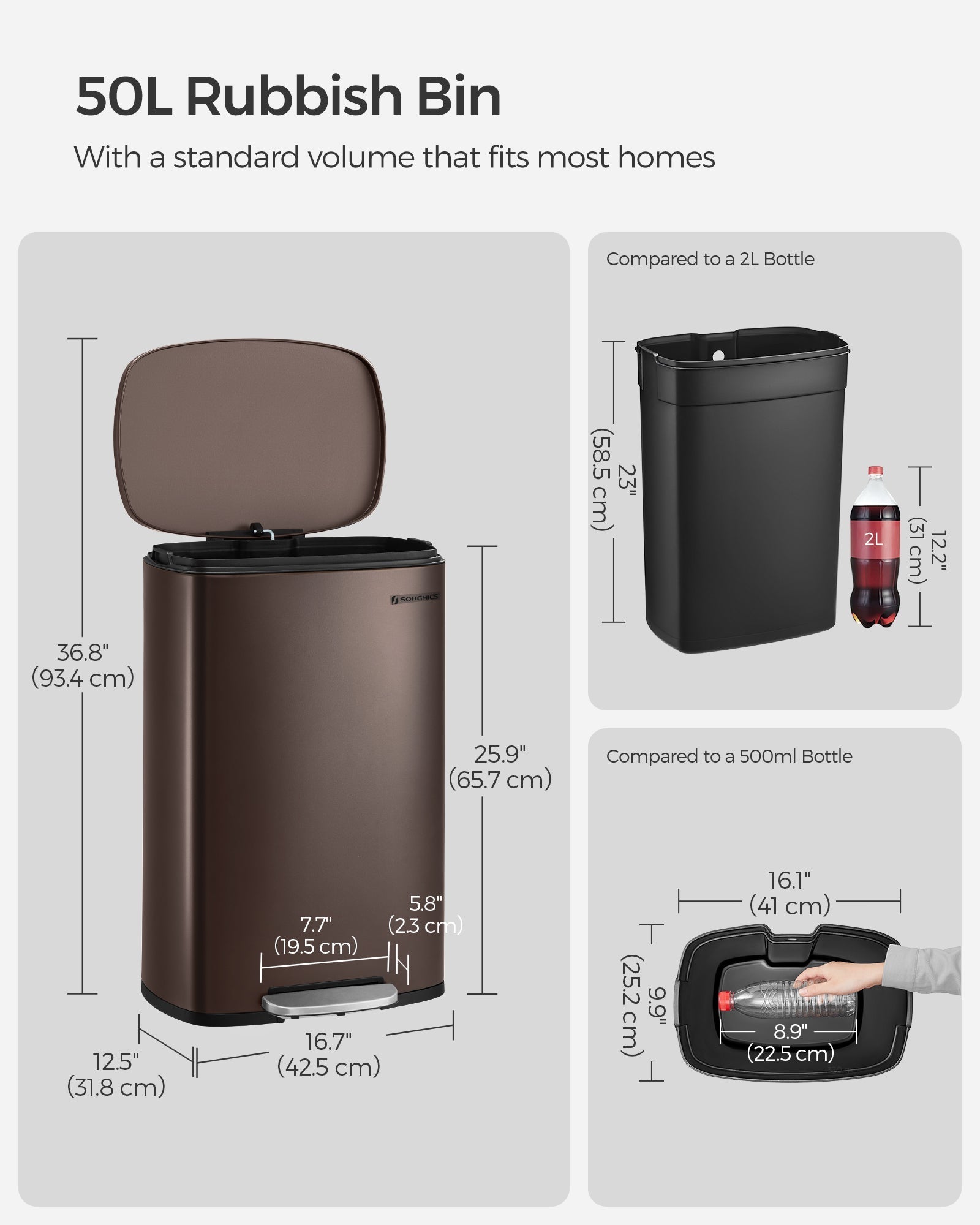Steel Pedal Kitchen Bin - 50L Capacity - Walnut Brown - Soft Close Lid