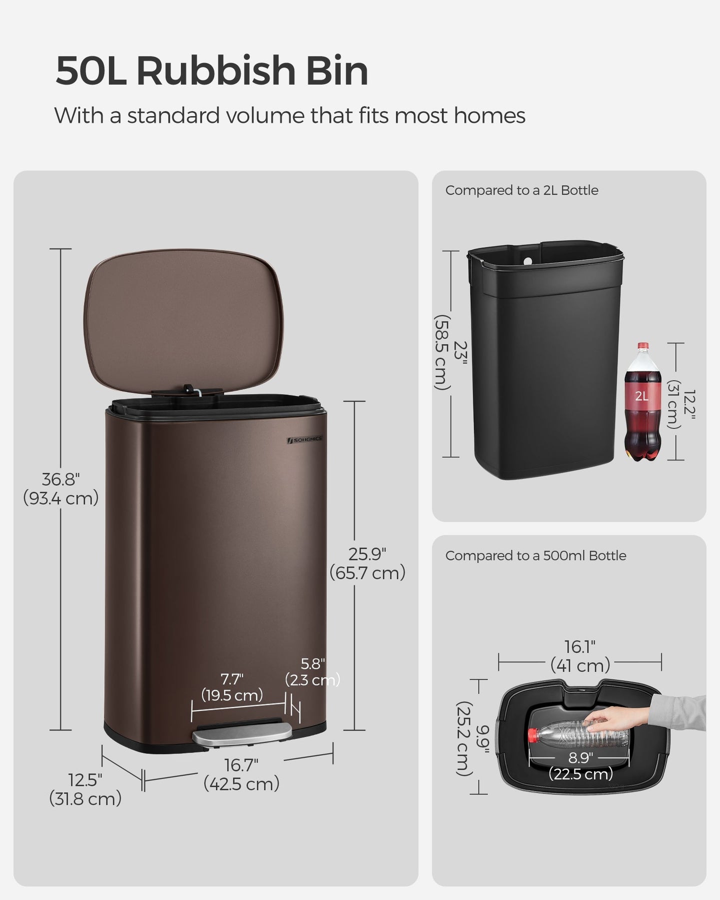 Steel Pedal Kitchen Bin - 50L Capacity - Walnut Brown - Soft Close Lid