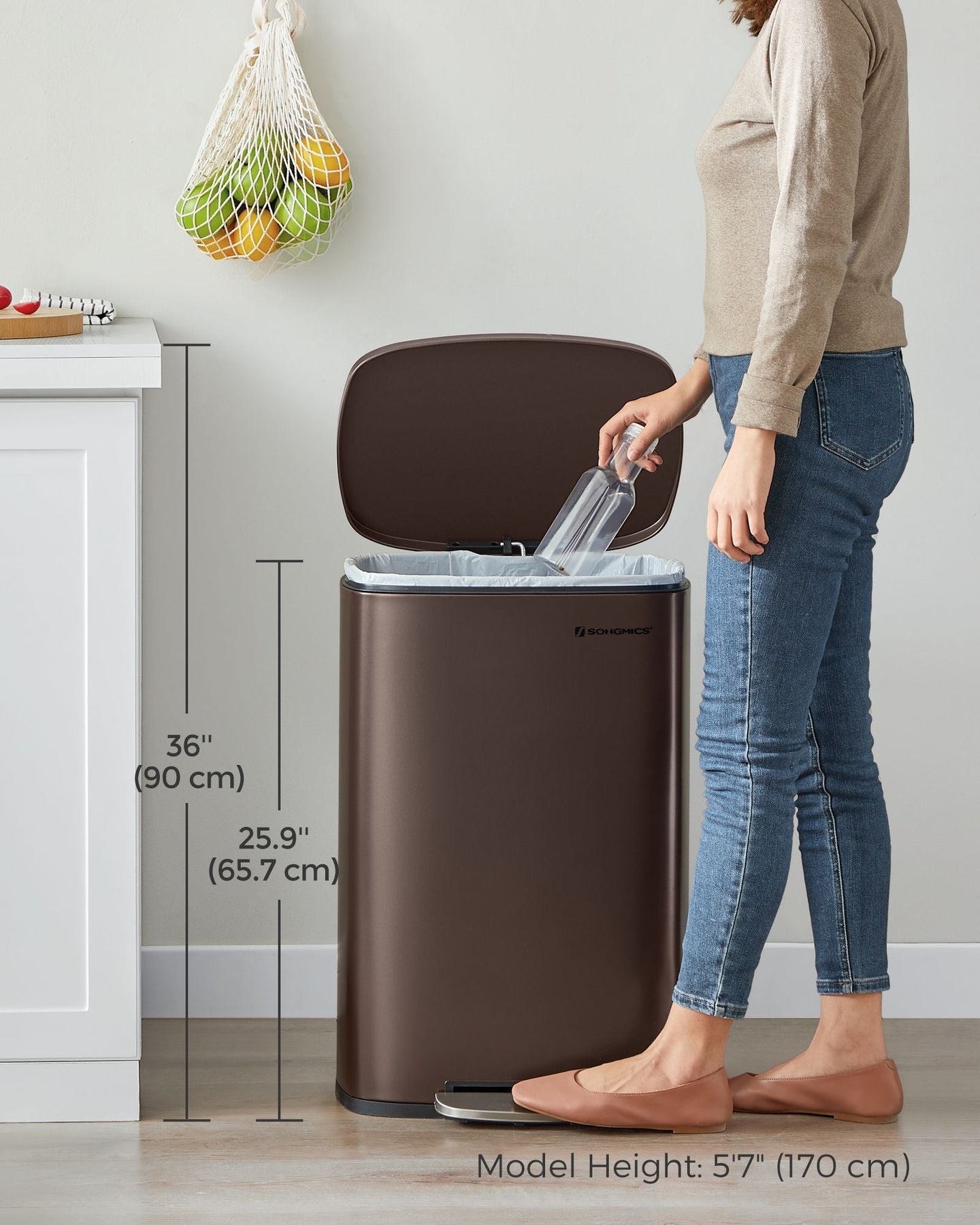 Steel Pedal Kitchen Bin - 50L Capacity - Walnut Brown - Soft Close Lid