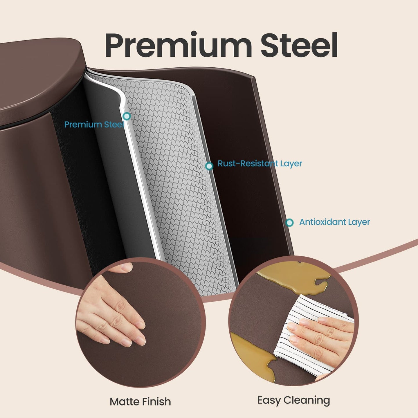 Step-On Pedal Bin - Stainless Steel - Brown - 50L Capacity with Soft Close and Removable Inner Bucket